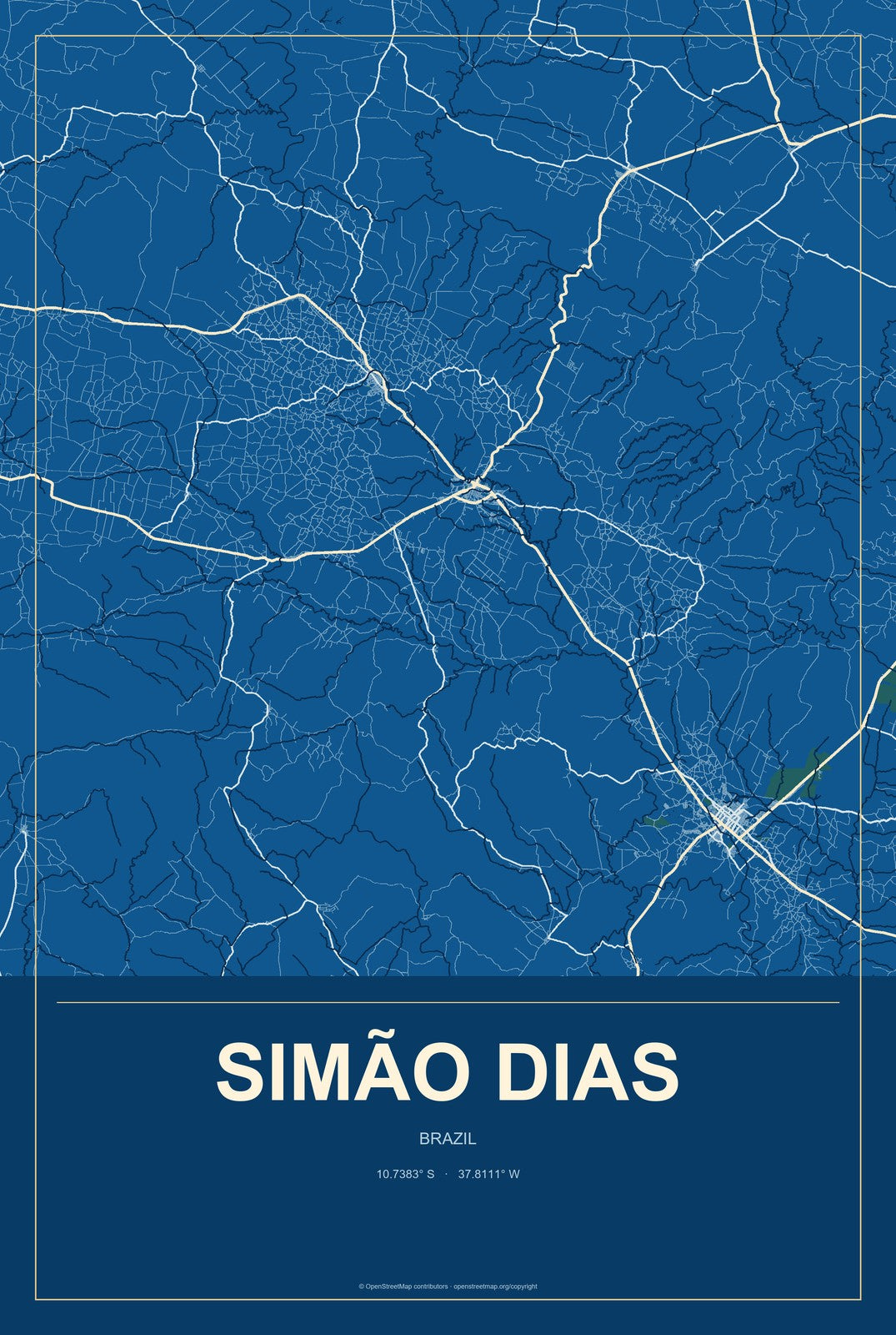 Simão Dias, Brazil City Map Aluminum Sign in Harbor Cobalt style