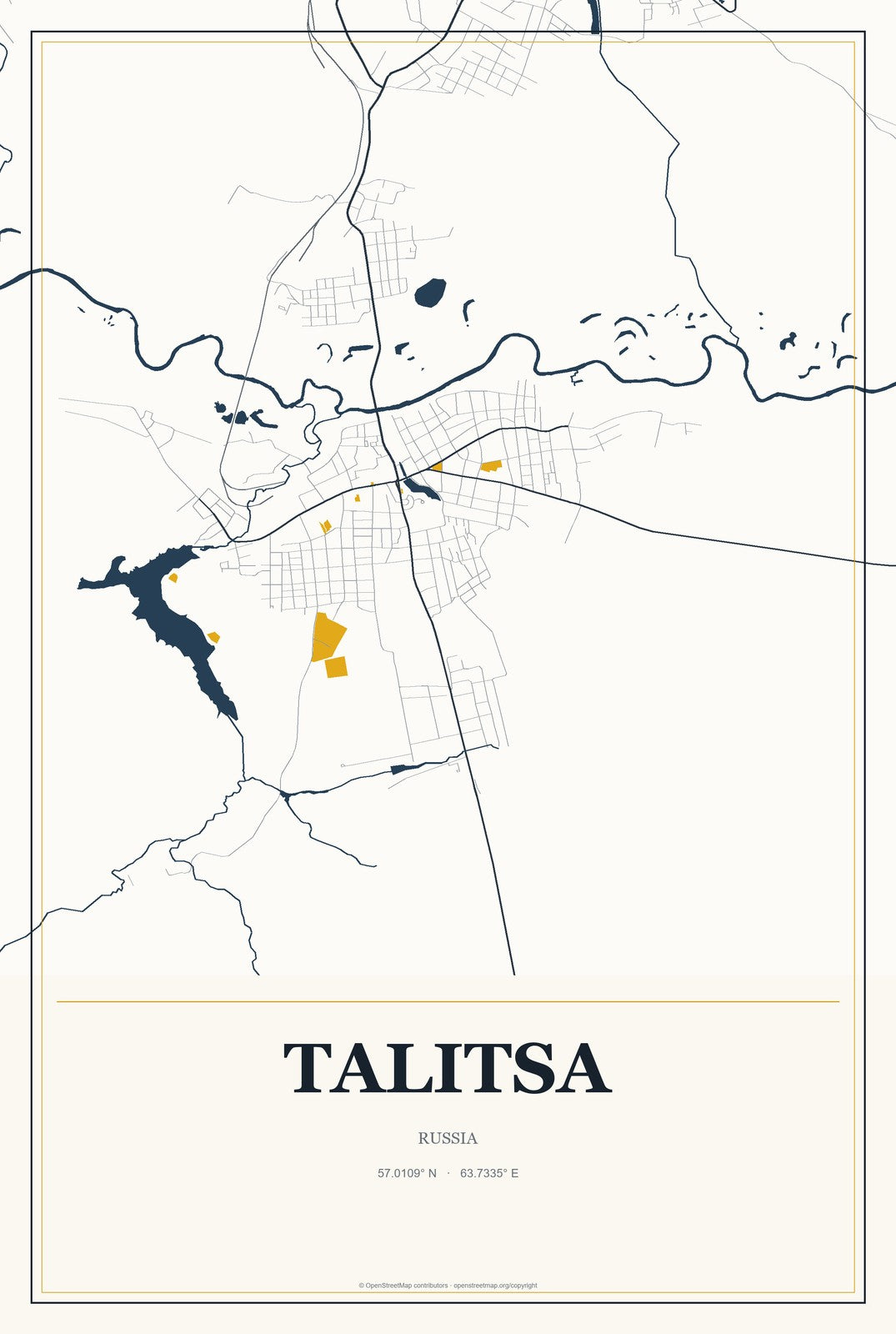 Talitsa, Russia City Map Aluminum Sign in Citrine Modern style