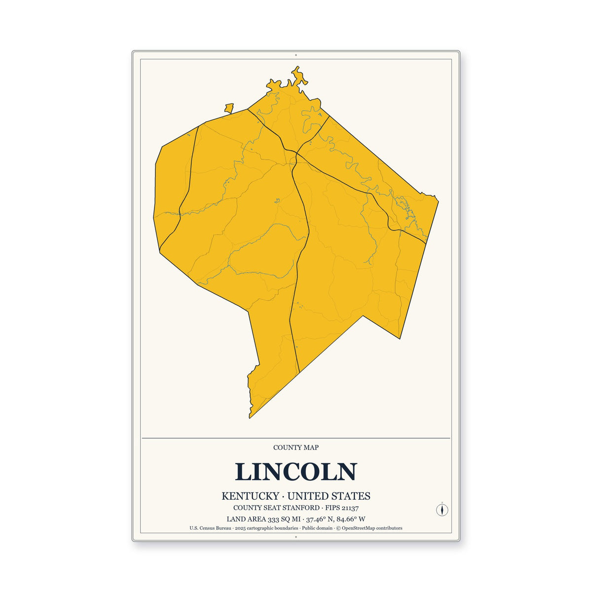 Lincoln County, Kentucky Map Aluminum Sign in Citrine Modern style