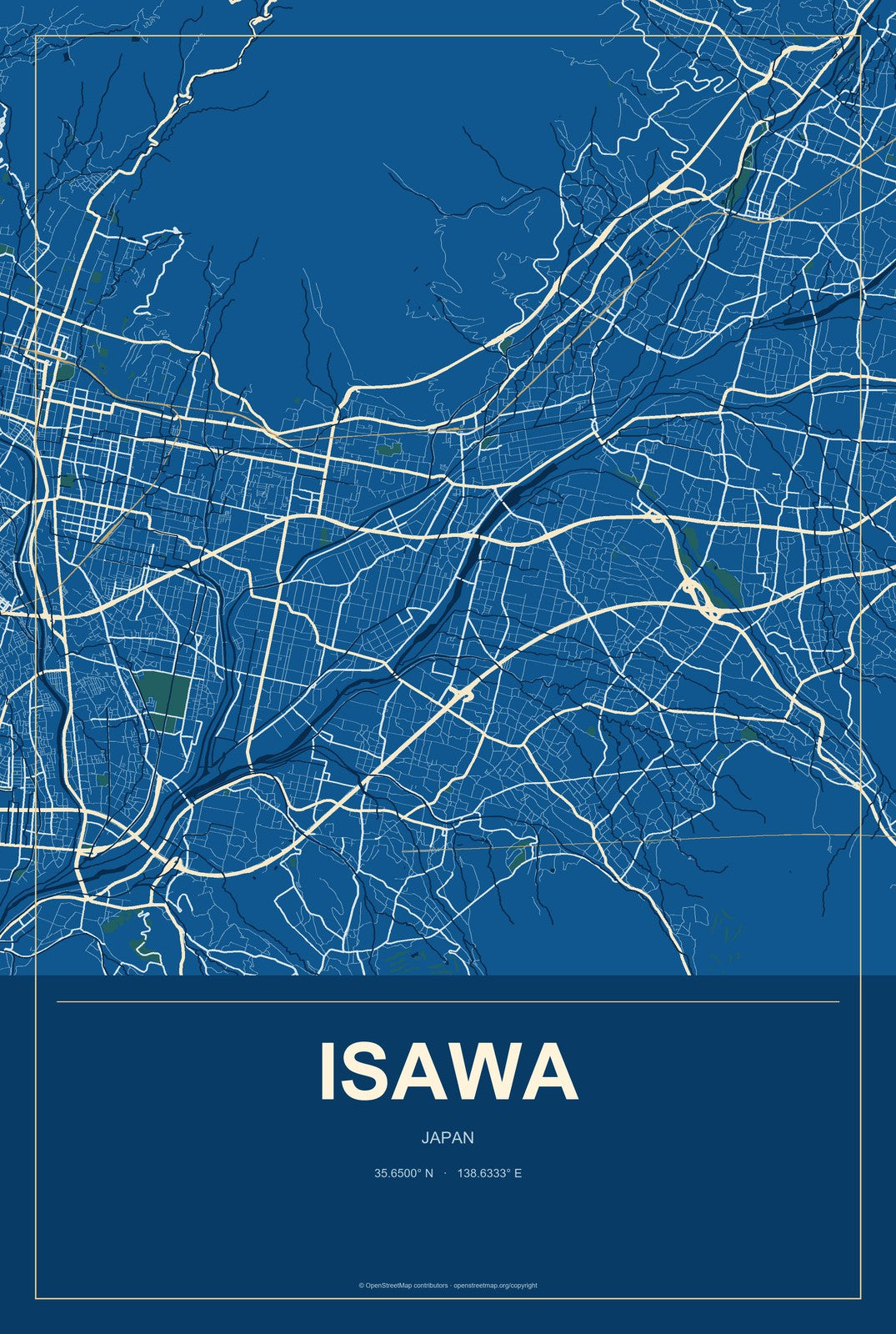 Isawa, Japan City Map Aluminum Sign in Harbor Cobalt style