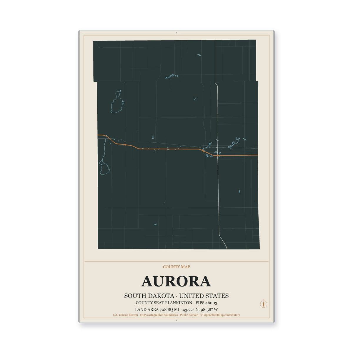 Aurora County, South Dakota Map Aluminum Sign in Headline Atlas style