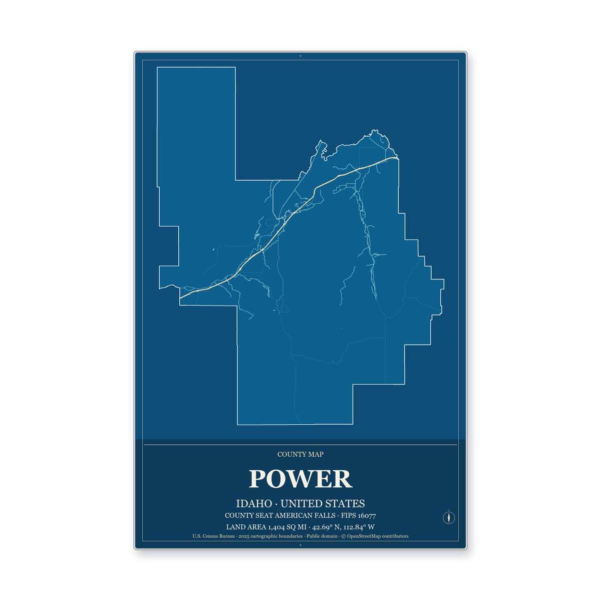 Power County, Idaho Map Aluminum Sign in Harbor Cobalt style