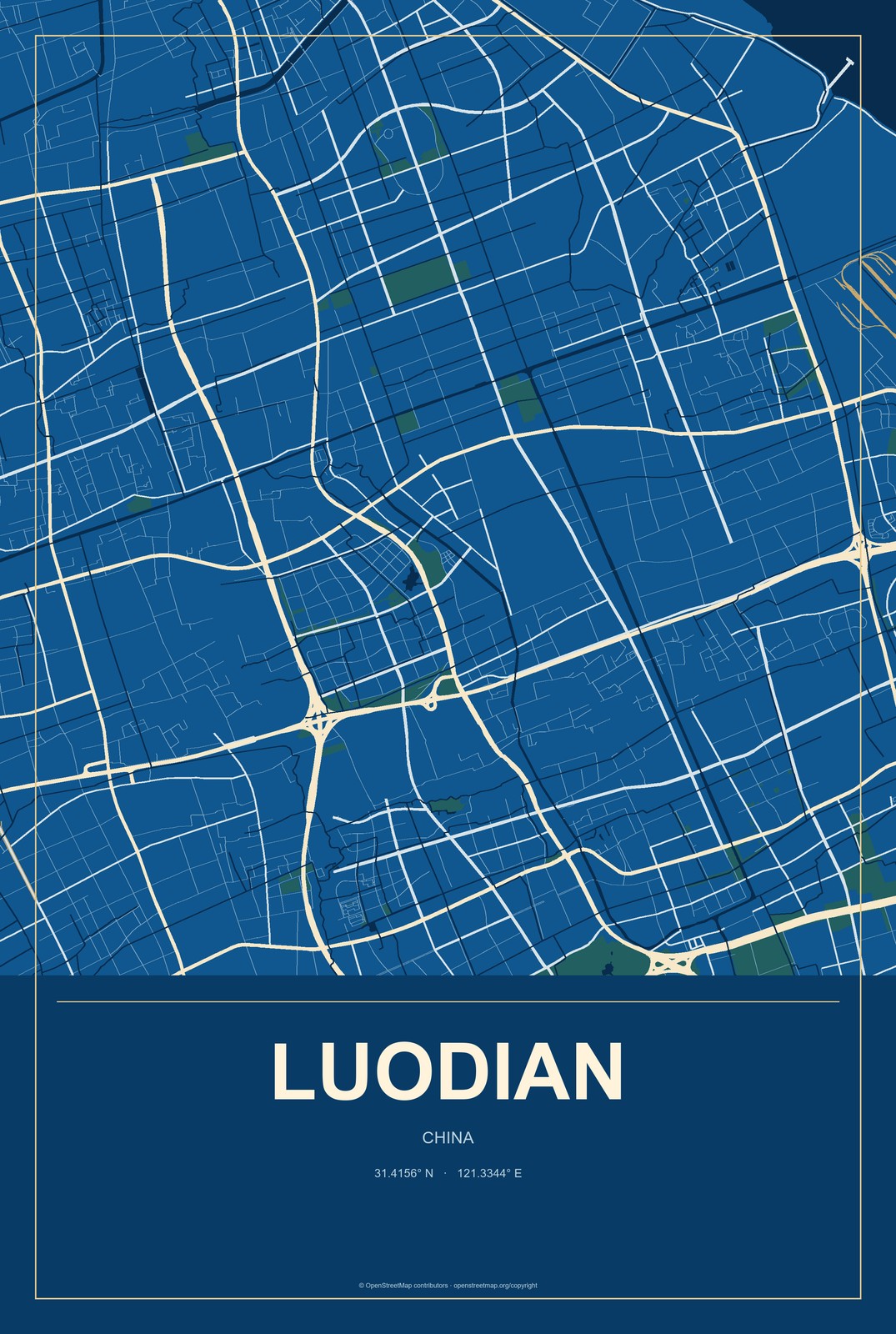 Luodian, China City Map Aluminum Sign in Harbor Cobalt style