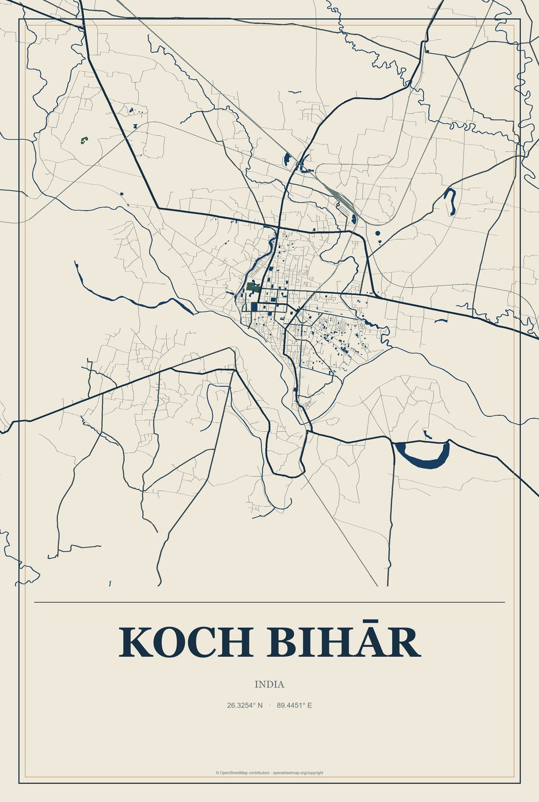 Koch Bihār, India City Map Aluminum Sign in Coastal Cutout style
