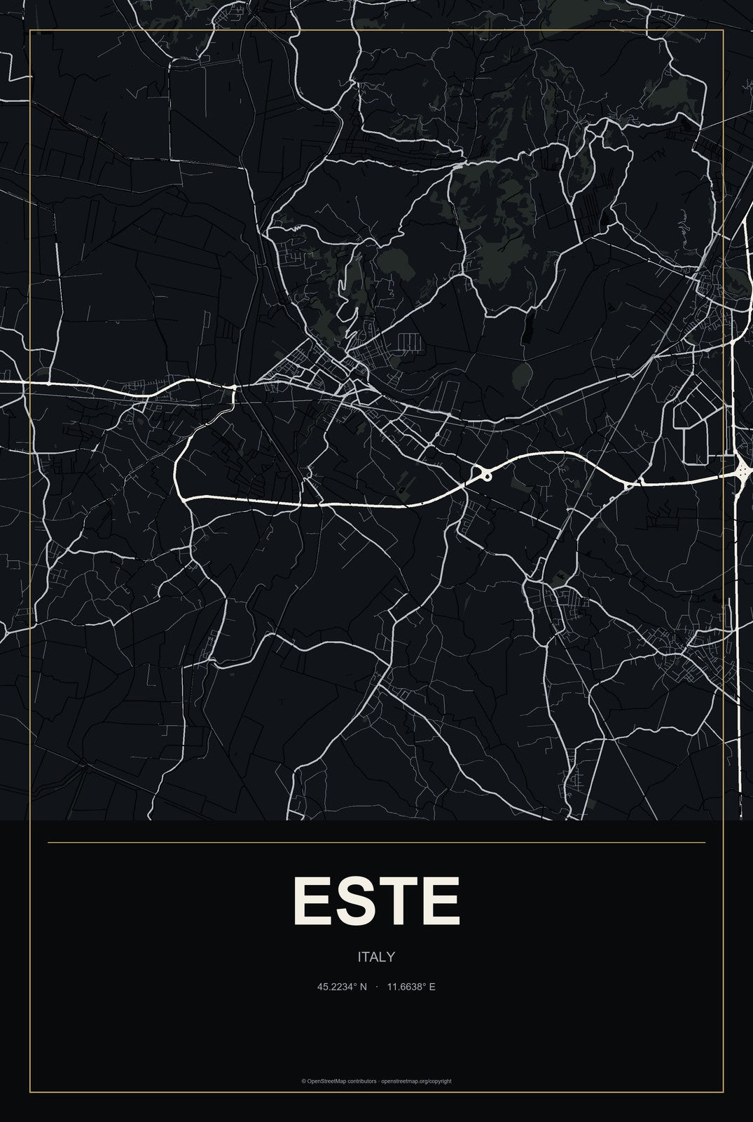 Este, Italy City Map Aluminum Sign in Metropolitan Noir style