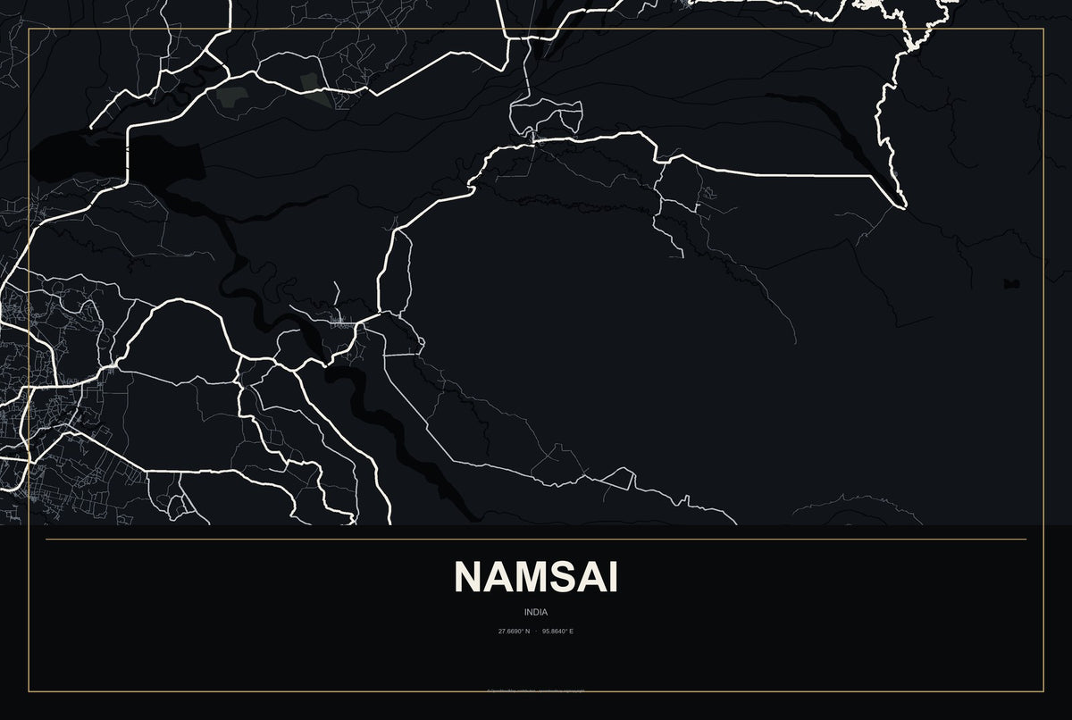 Namsai, India City Map Aluminum Sign in Metropolitan Noir style