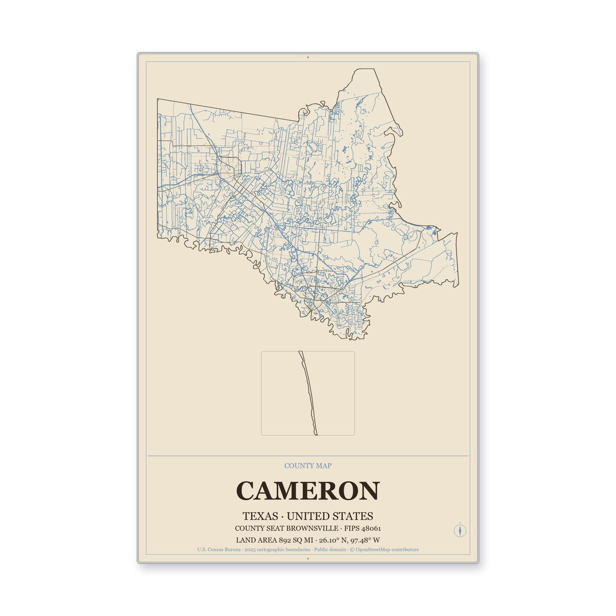 Cameron County, Texas Map Aluminum Sign in Heritage Nautical style