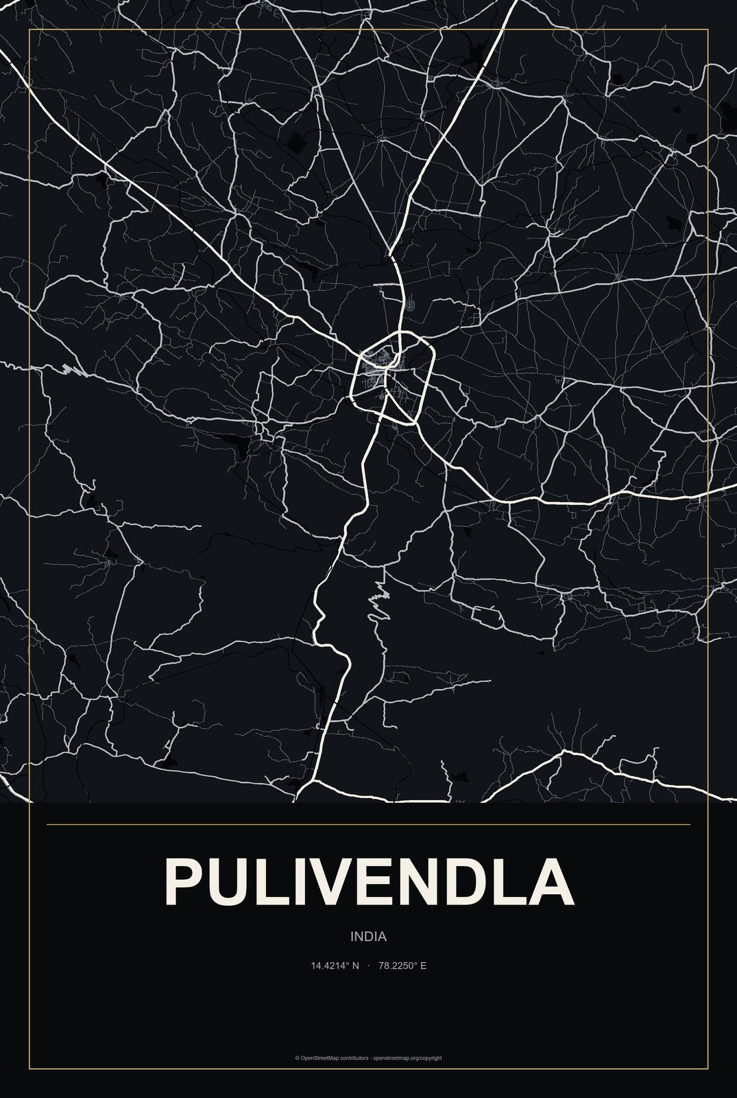 Pulivendla, India City Map Aluminum Sign in Metropolitan Noir style