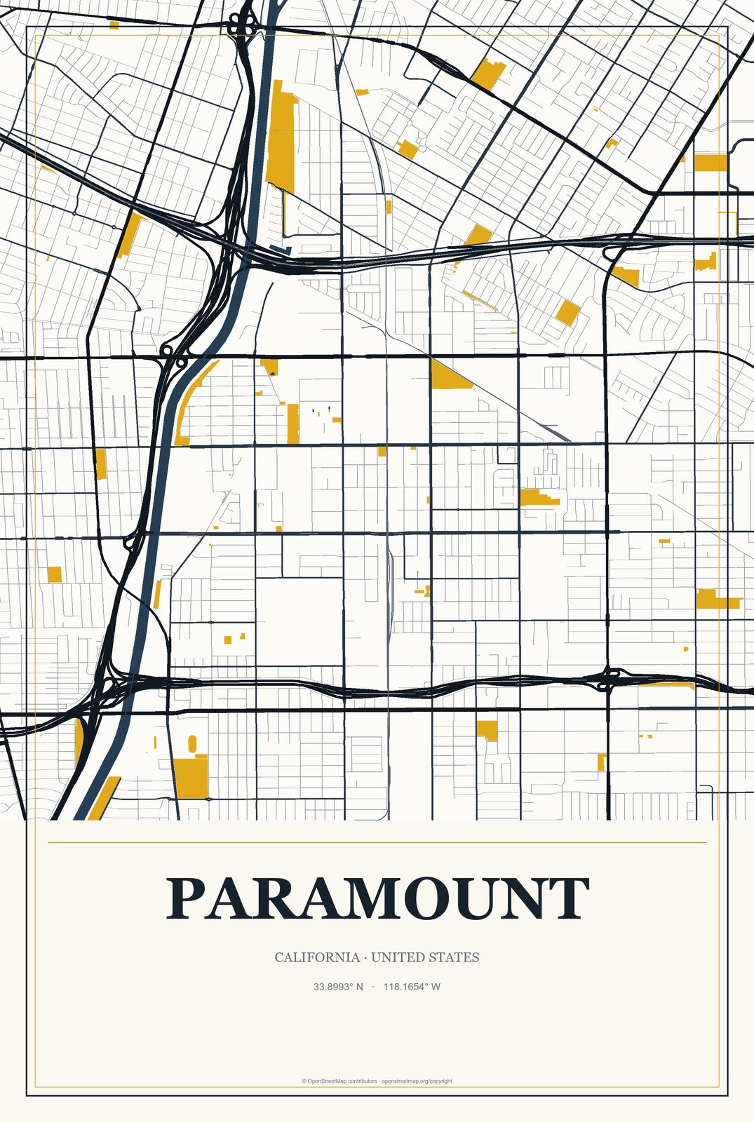Paramount, California City Map Aluminum Sign in Citrine Modern style