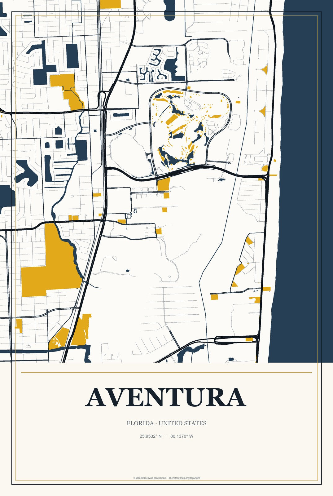 Aventura, Florida City Map Aluminum Sign in Citrine Modern style