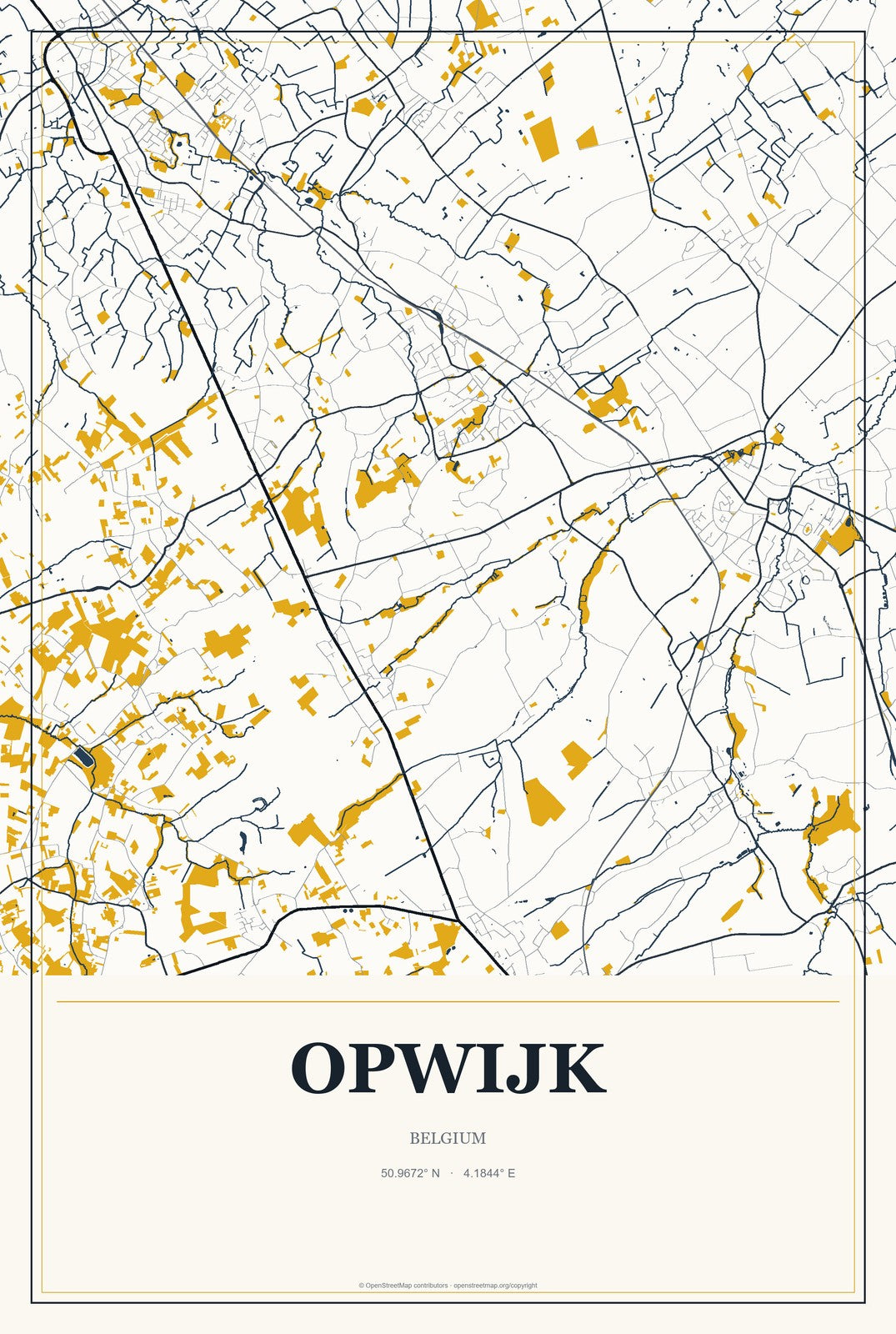 Opwijk, Belgium City Map Aluminum Sign in Citrine Modern style