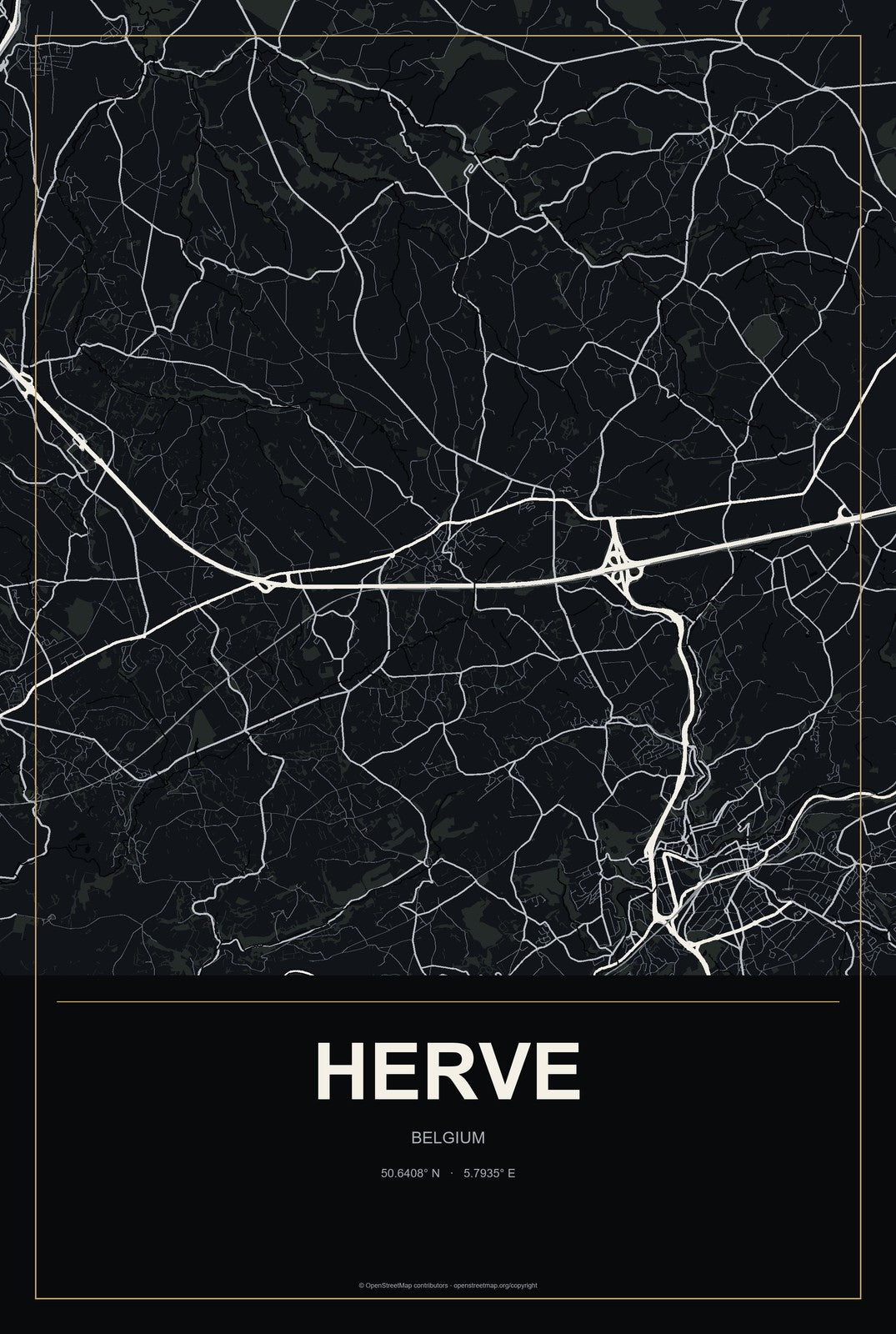 Herve, Belgium City Map Aluminum Sign in Metropolitan Noir style