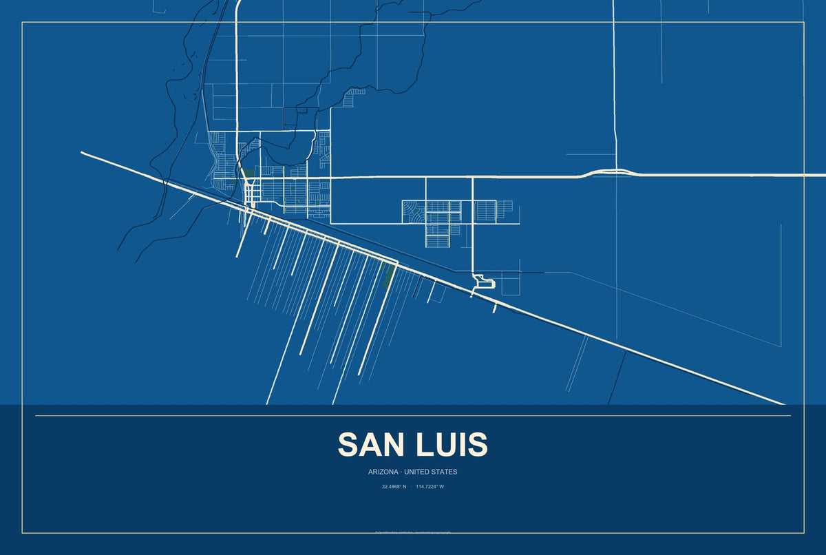 San Luis, Arizona City Map Aluminum Sign in Harbor Cobalt style