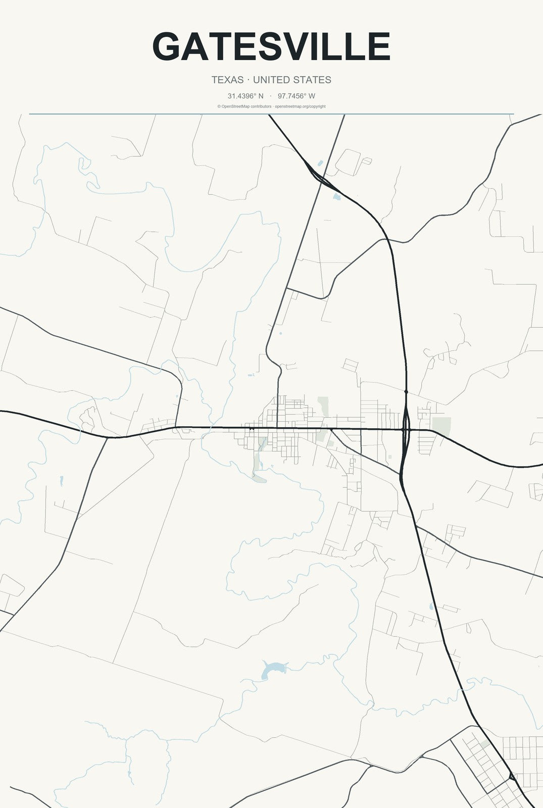 Gatesville, Texas City Map Aluminum Sign in Headline Atlas style