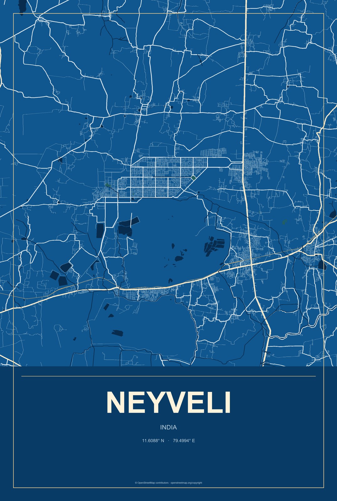 Neyveli, India City Map Aluminum Sign in Harbor Cobalt style