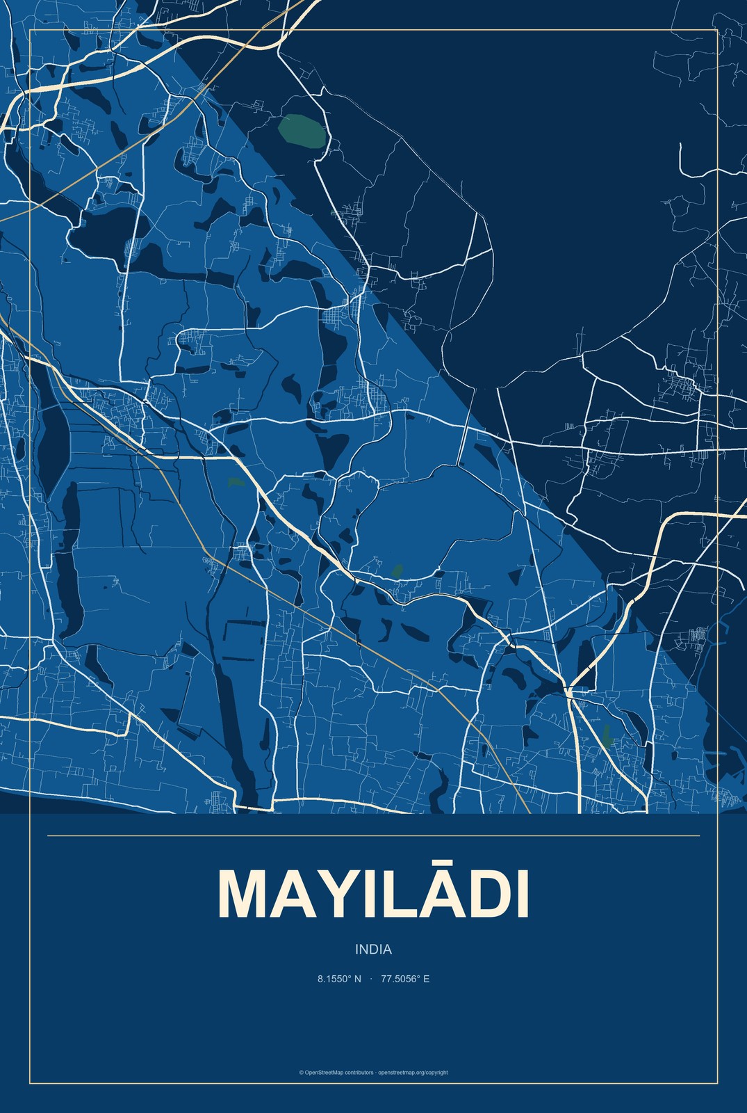 Mayilādi, India City Map Aluminum Sign in Harbor Cobalt style