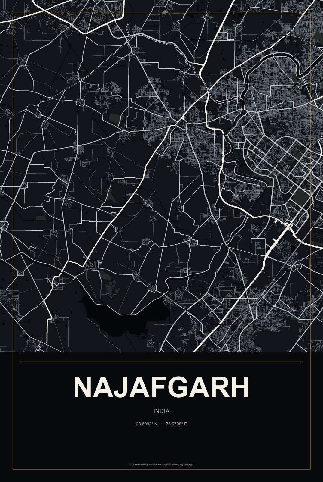 Najafgarh, India City Map Aluminum Sign in Metropolitan Noir style