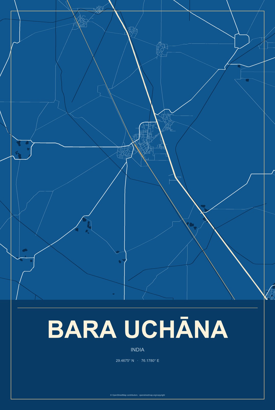Bara Uchāna, India City Map Aluminum Sign in Harbor Cobalt style