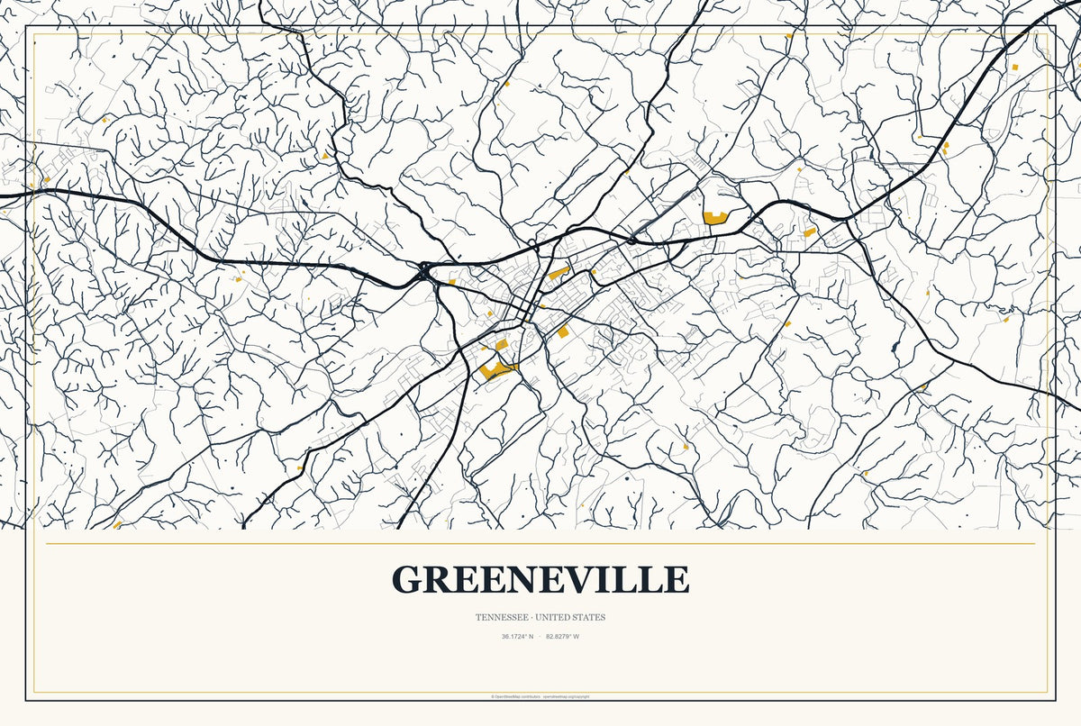 Greeneville, Tennessee City Map Aluminum Sign in Citrine Modern style