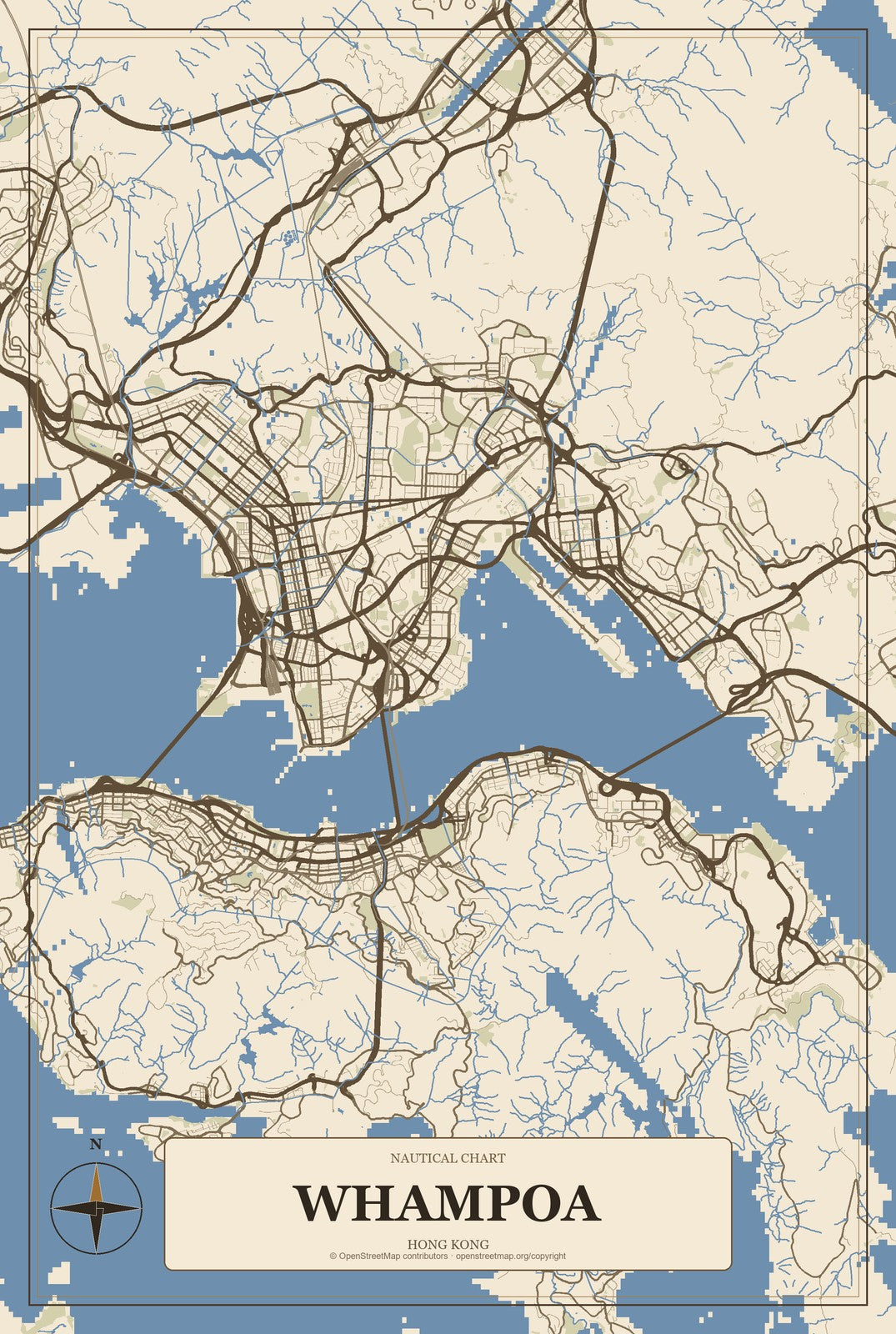 Whampoa, Hong Kong City Map Aluminum Sign in Heritage Nautical style