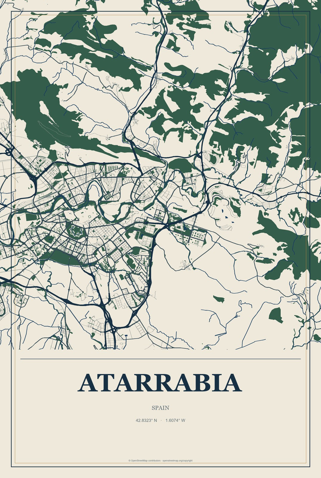 Atarrabia, Spain City Map Aluminum Sign in Coastal Cutout style