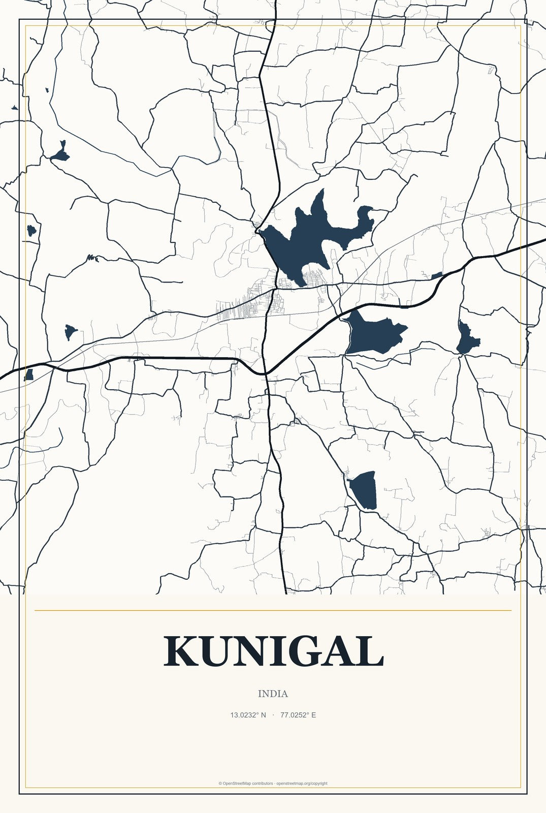 Kunigal, India City Map Aluminum Sign in Citrine Modern style
