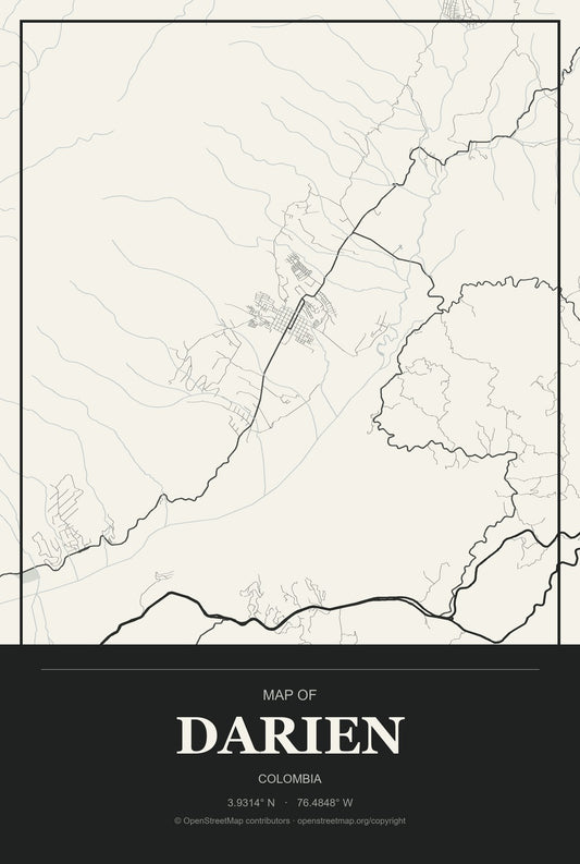 Darien, Colombia City Map Aluminum Sign in Museum Plaque style