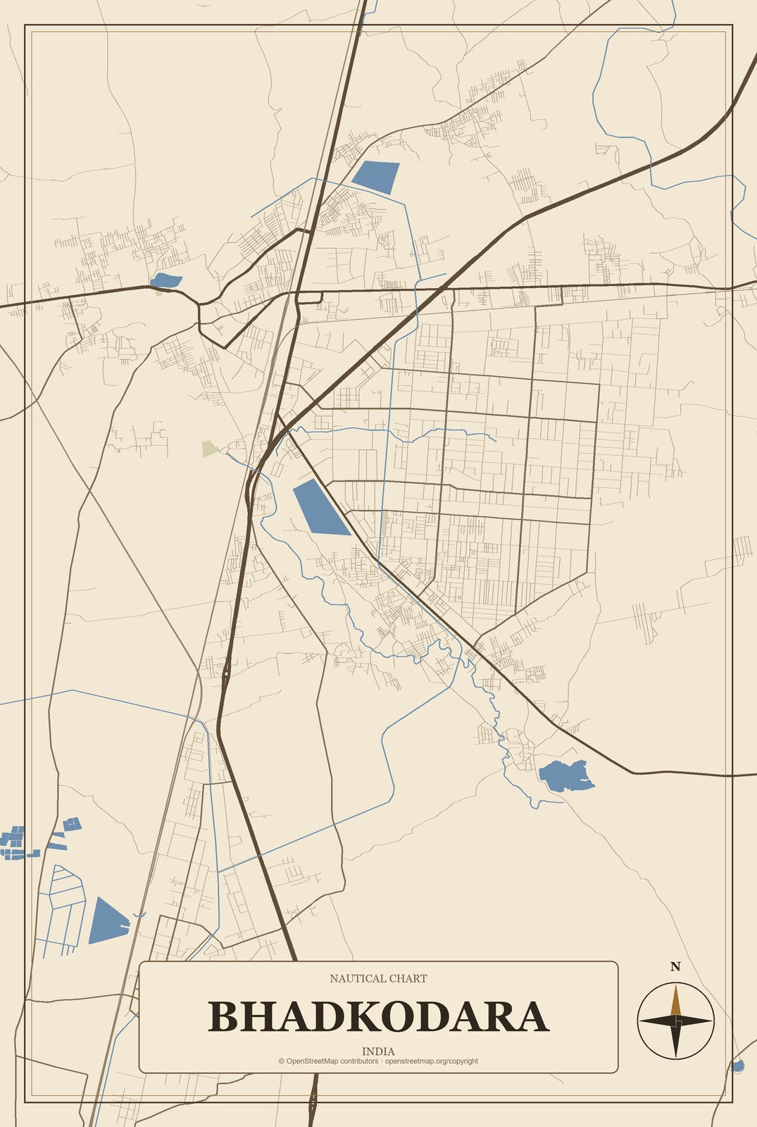 Bhadkodara, India City Map Aluminum Sign in Heritage Nautical style