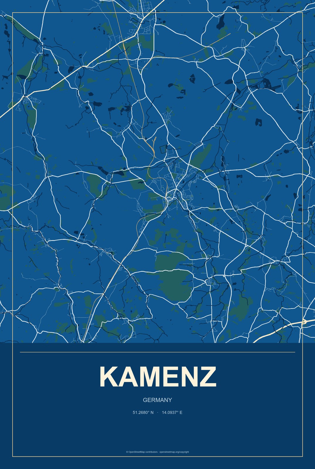Kamenz, Germany City Map Aluminum Sign in Harbor Cobalt style
