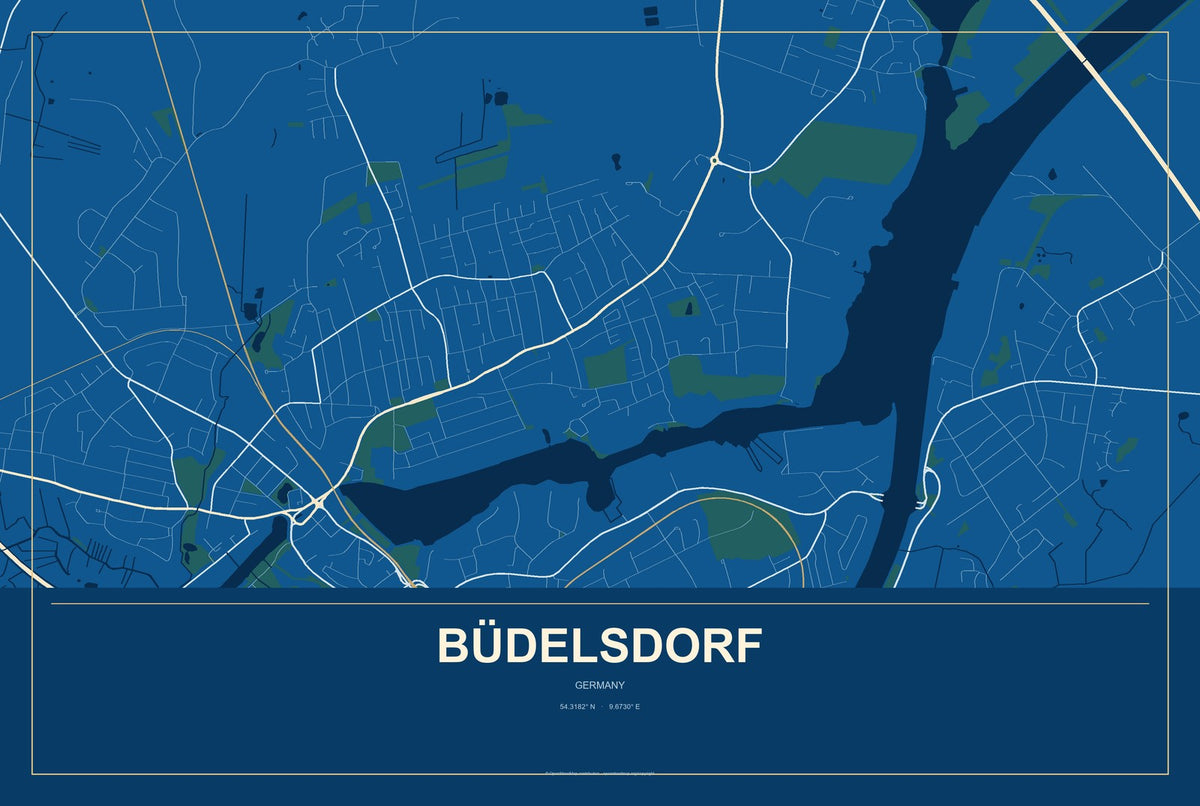 Büdelsdorf, Germany City Map Aluminum Sign in Harbor Cobalt style