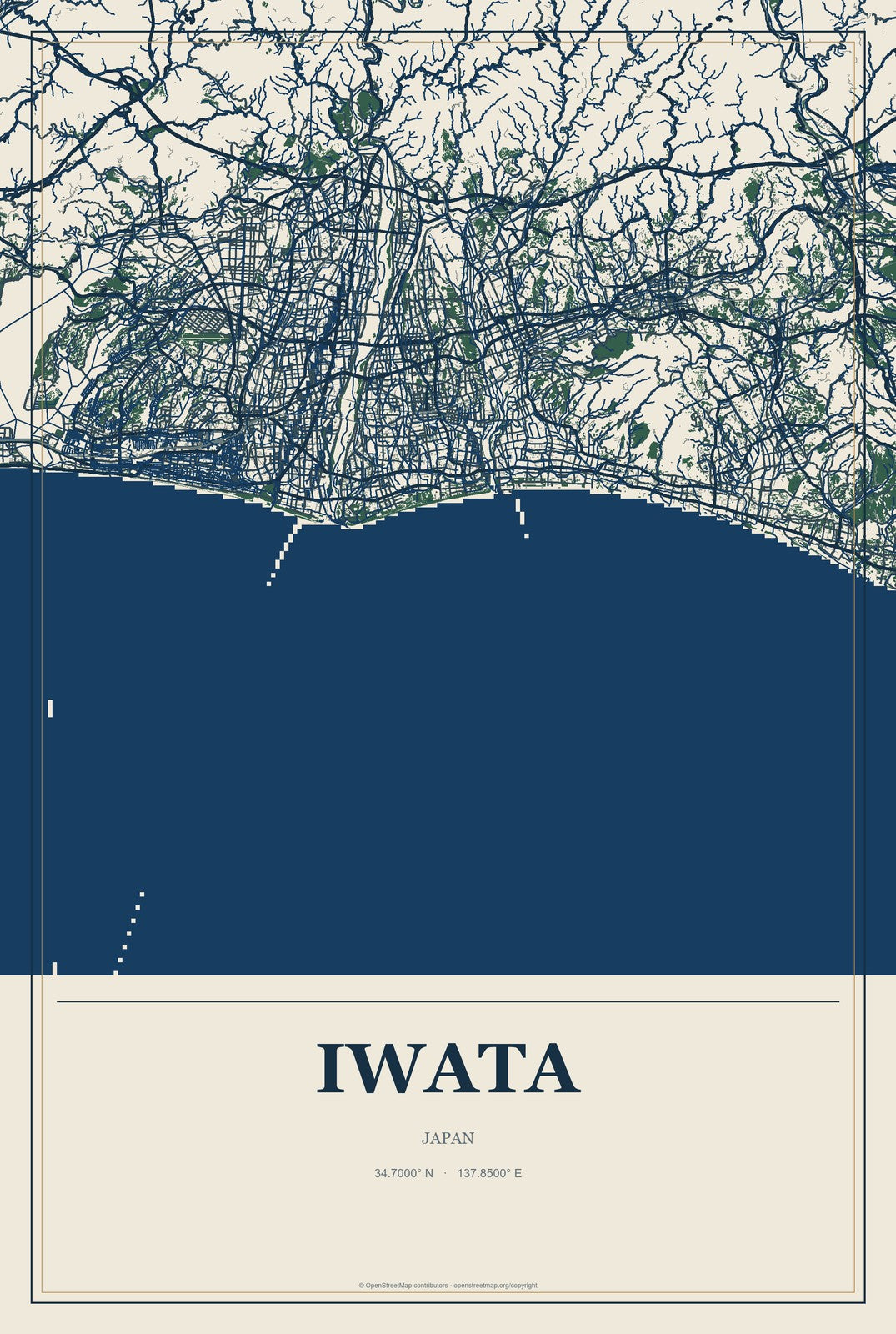 Iwata, Japan City Map Aluminum Sign in Coastal Cutout style