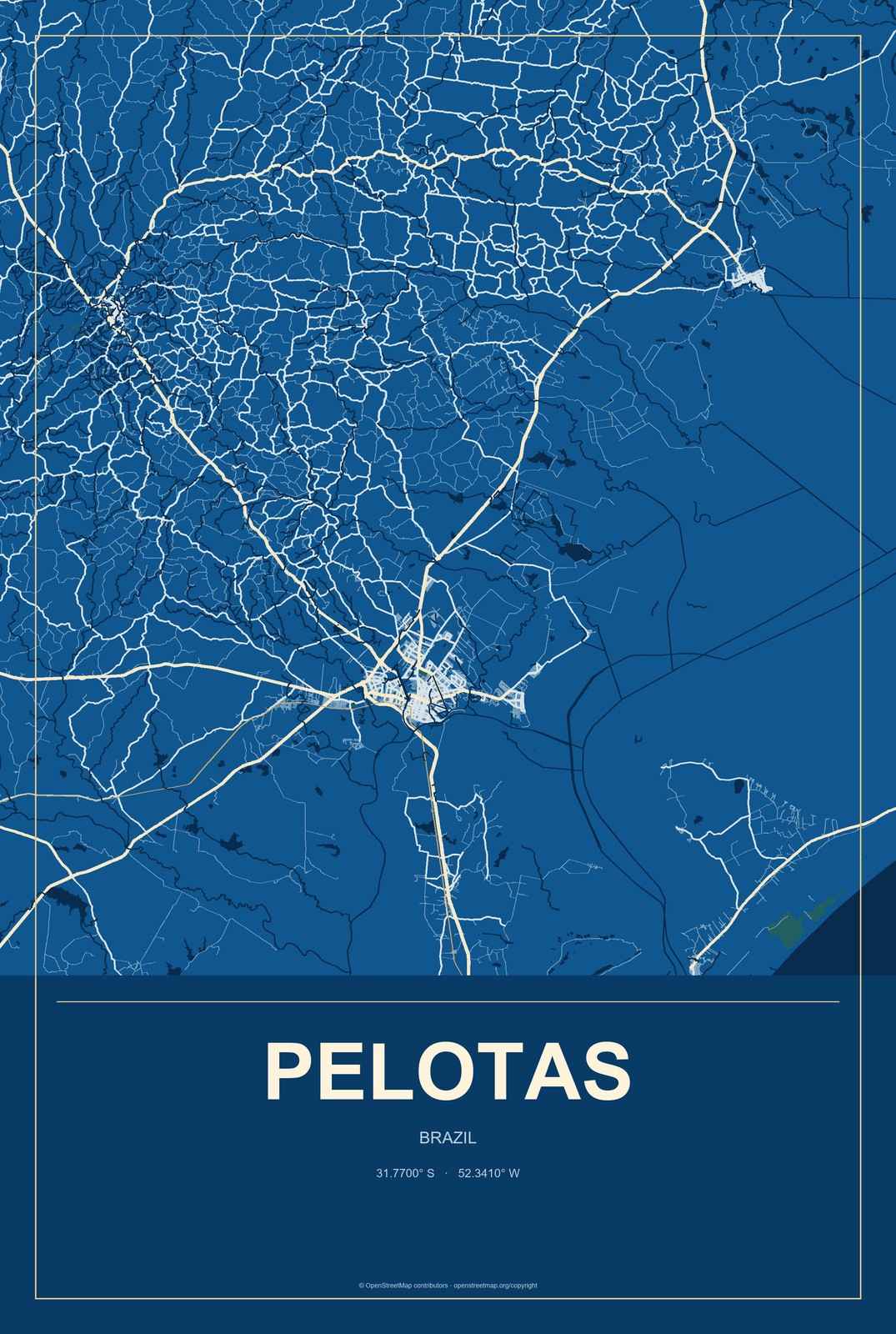 Pelotas, Brazil City Map Aluminum Sign in Harbor Cobalt style