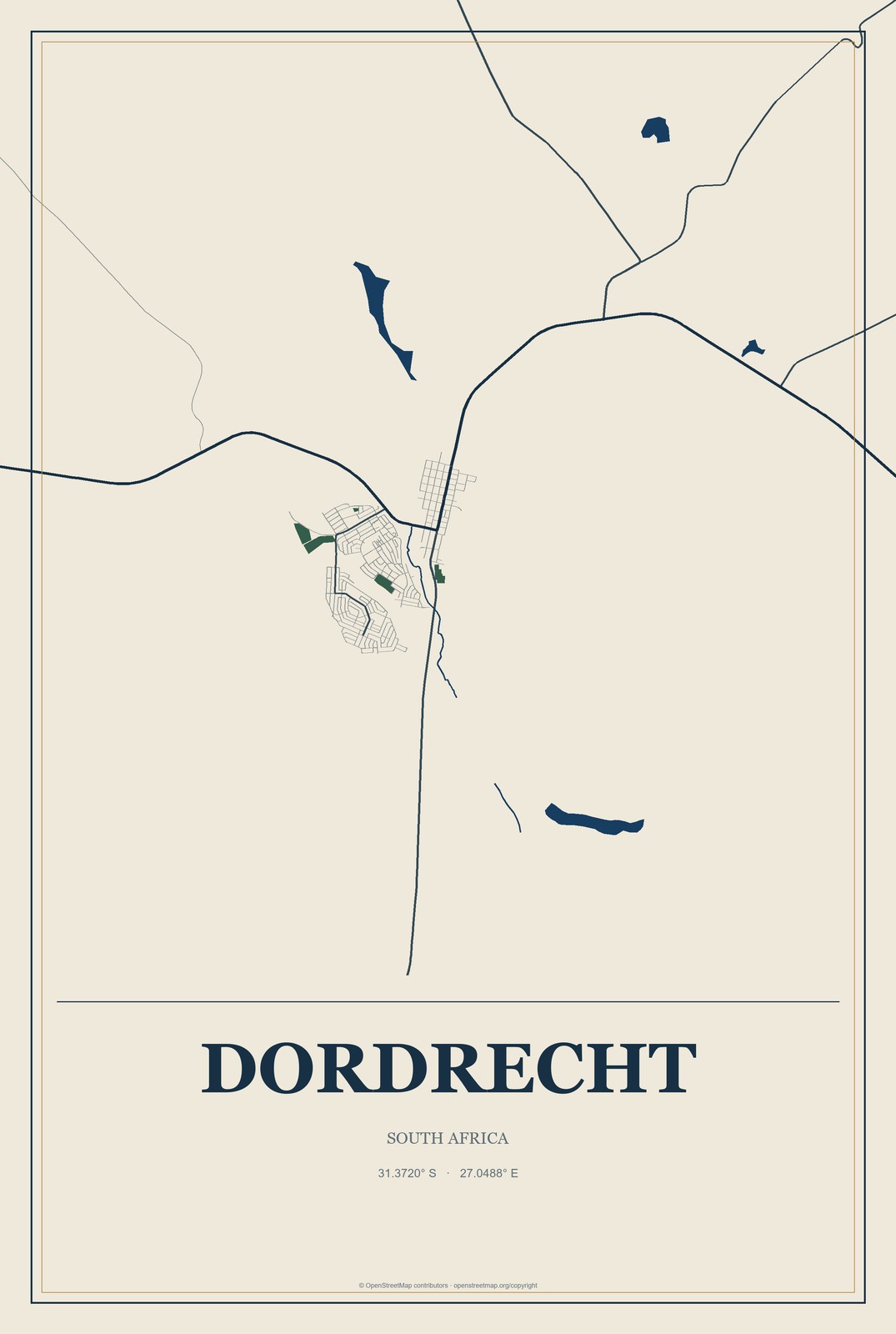 Dordrecht, South Africa City Map Aluminum Sign in Coastal Cutout style