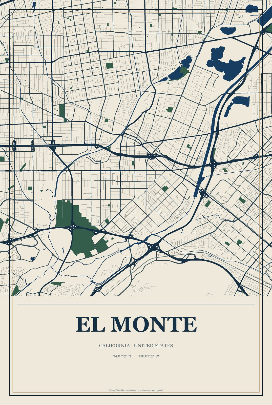 El Monte, California City Map Aluminum Sign in Coastal Cutout style