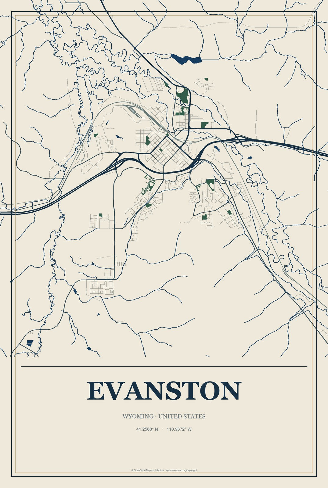 Evanston, Wyoming City Map Aluminum Sign in Coastal Cutout style