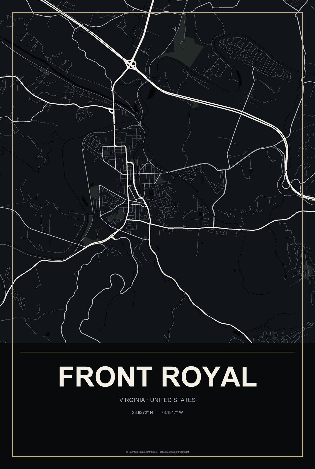 Front Royal, Virginia City Map Aluminum Sign in Metropolitan Noir style
