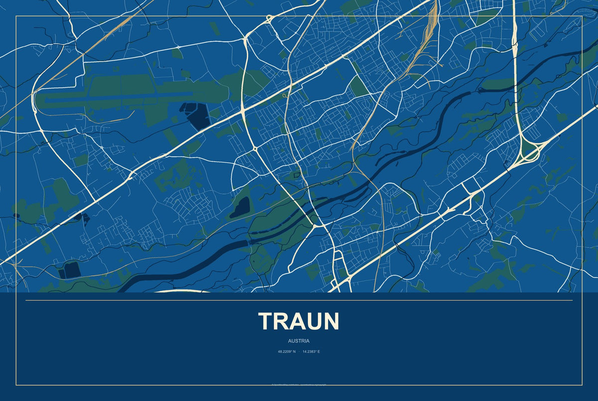 Traun, Austria City Map Aluminum Sign in Harbor Cobalt style