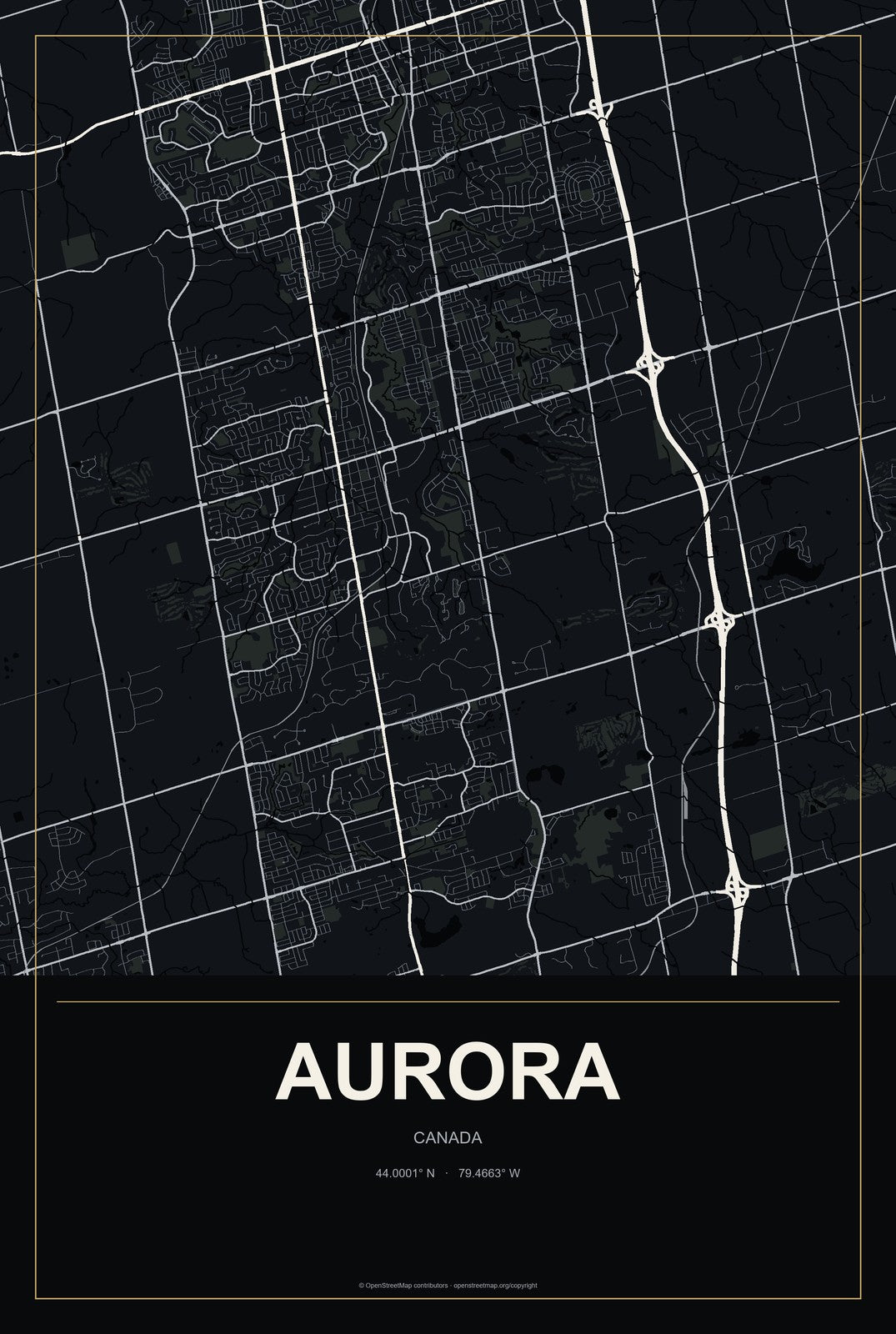 Aurora, Canada City Map Aluminum Sign in Metropolitan Noir style