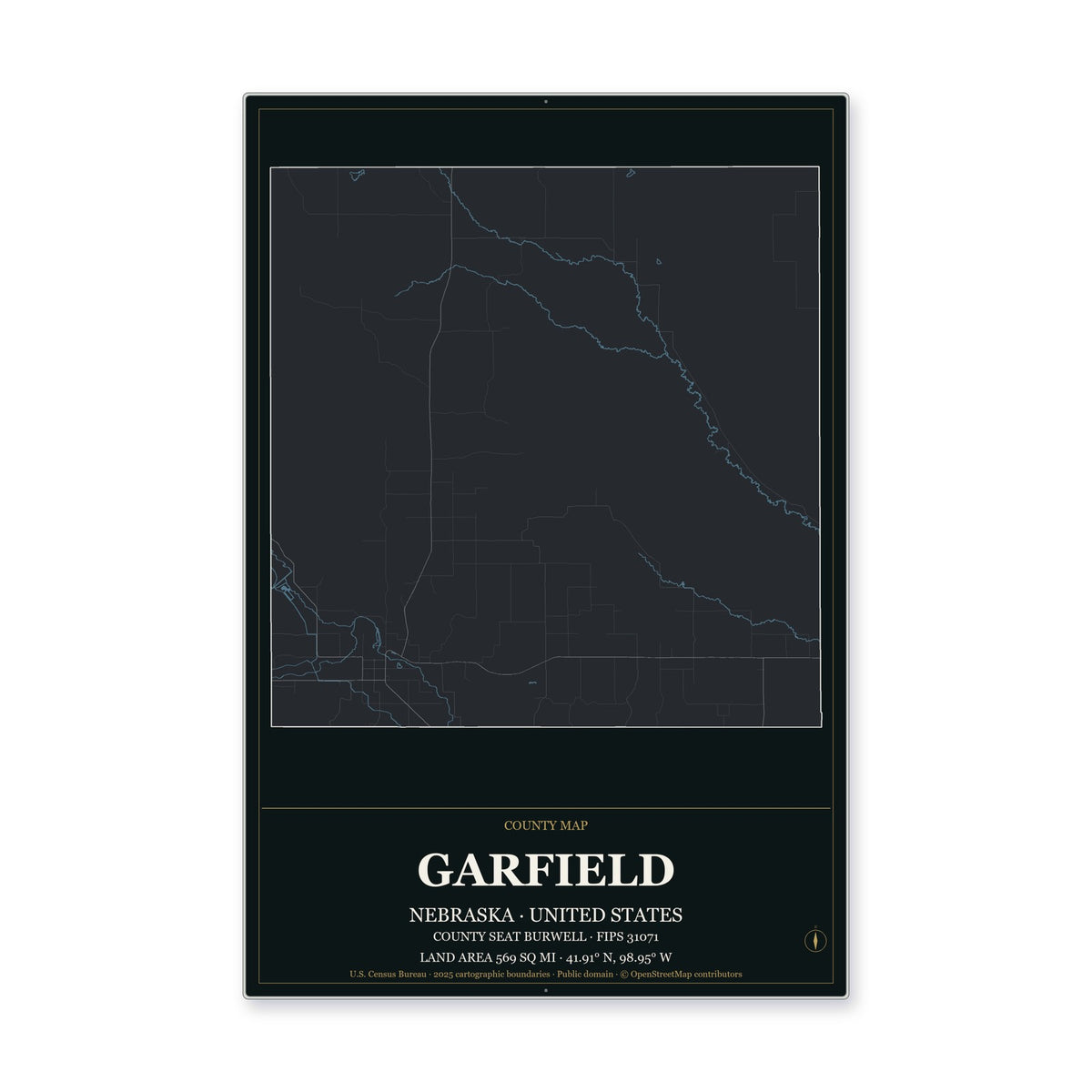 Garfield County, Nebraska Map Aluminum Sign in Metropolitan Noir style