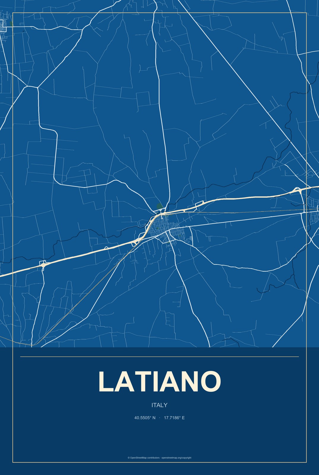 Latiano, Italy City Map Aluminum Sign in Harbor Cobalt style