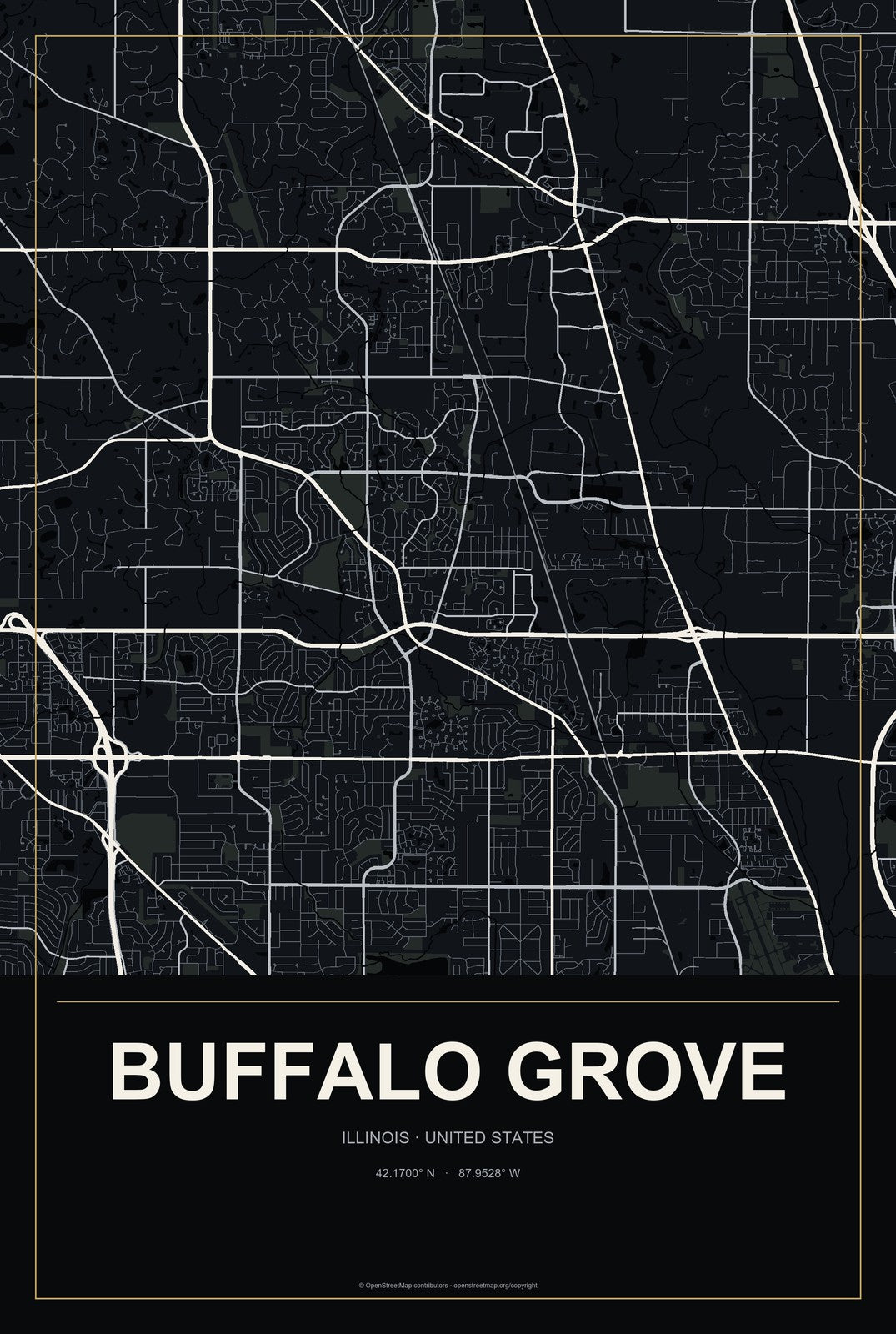 Buffalo Grove, Illinois City Map Aluminum Sign in Metropolitan Noir style