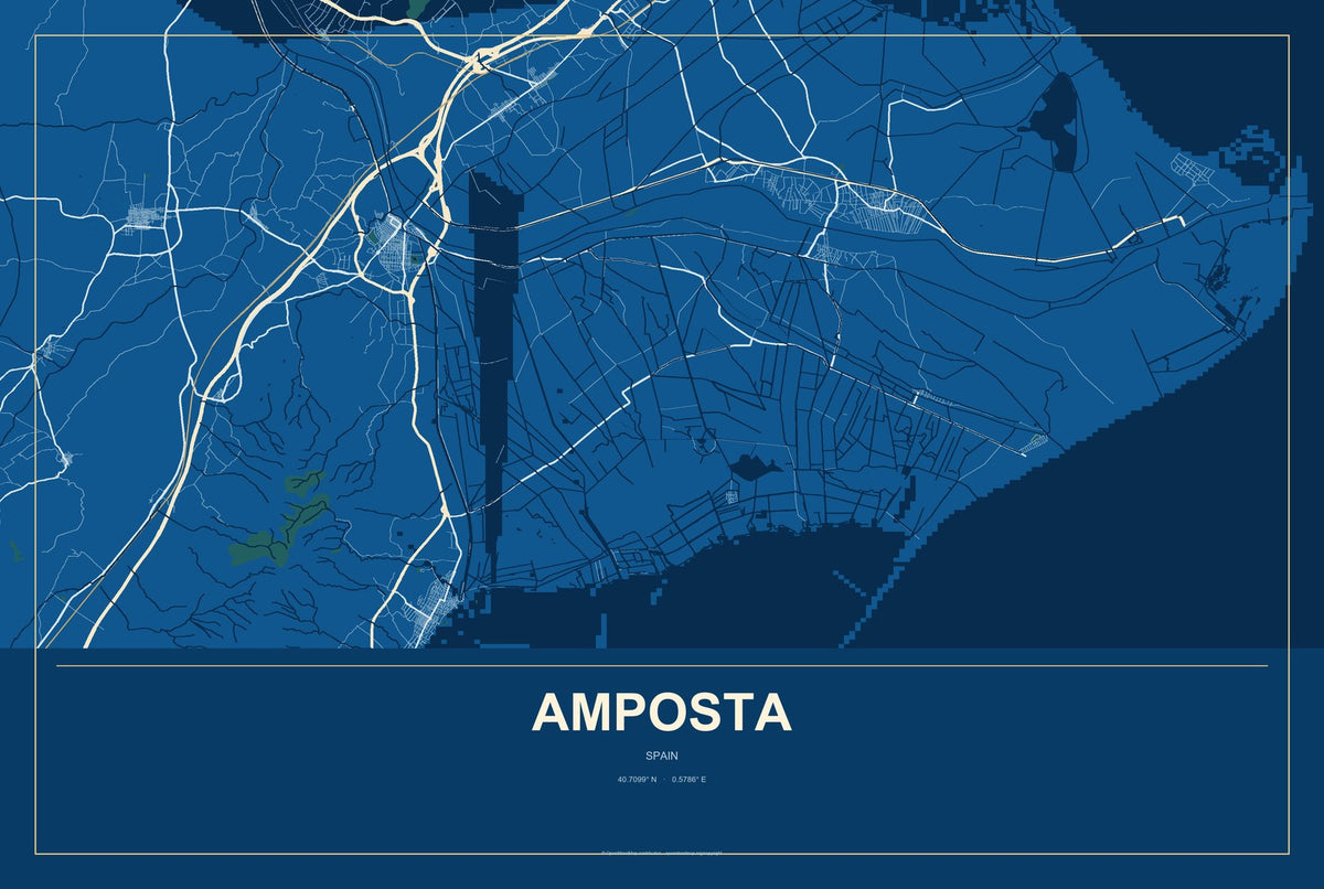 Amposta, Spain City Map Aluminum Sign in Harbor Cobalt style