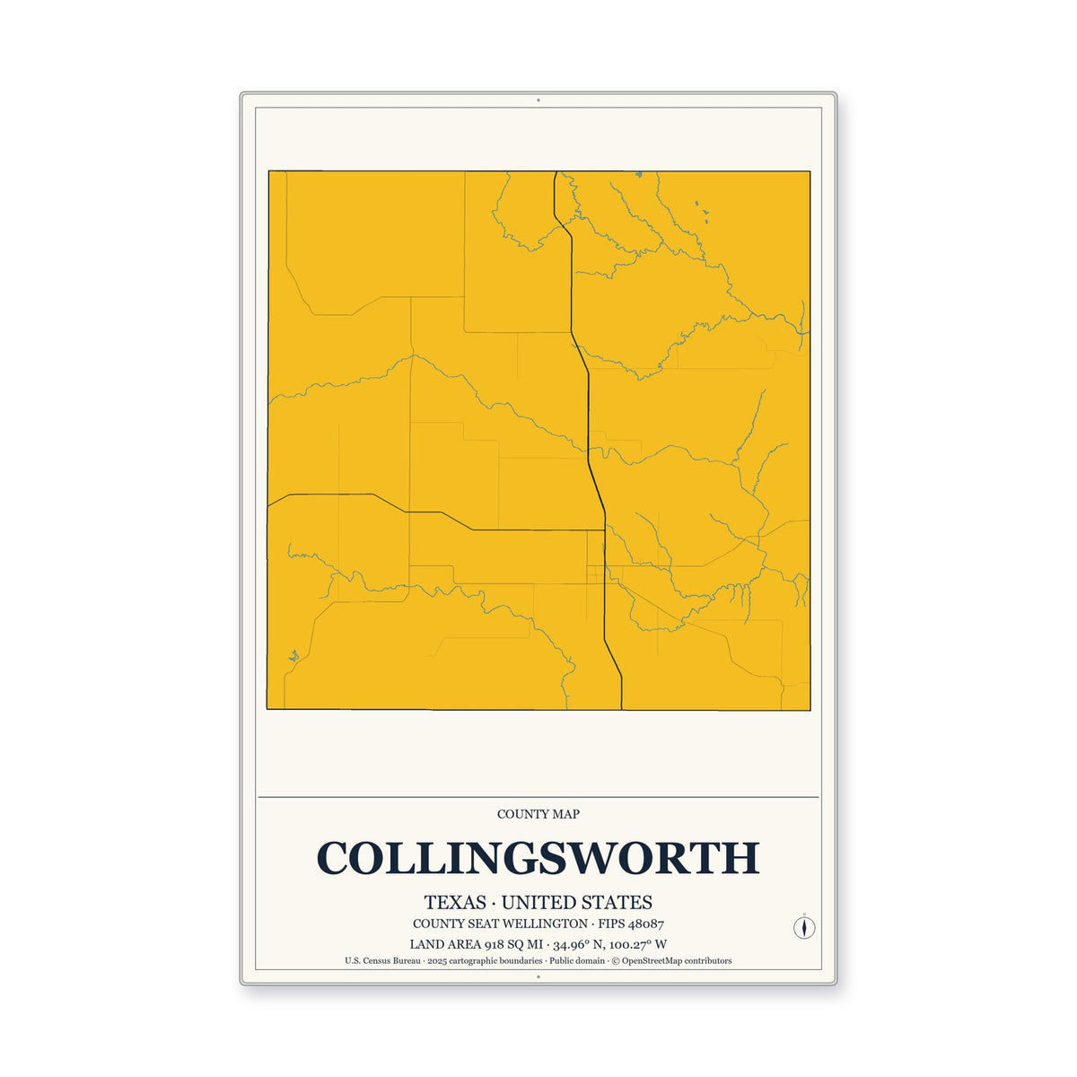 Collingsworth County, Texas Map Aluminum Sign in Citrine Modern style