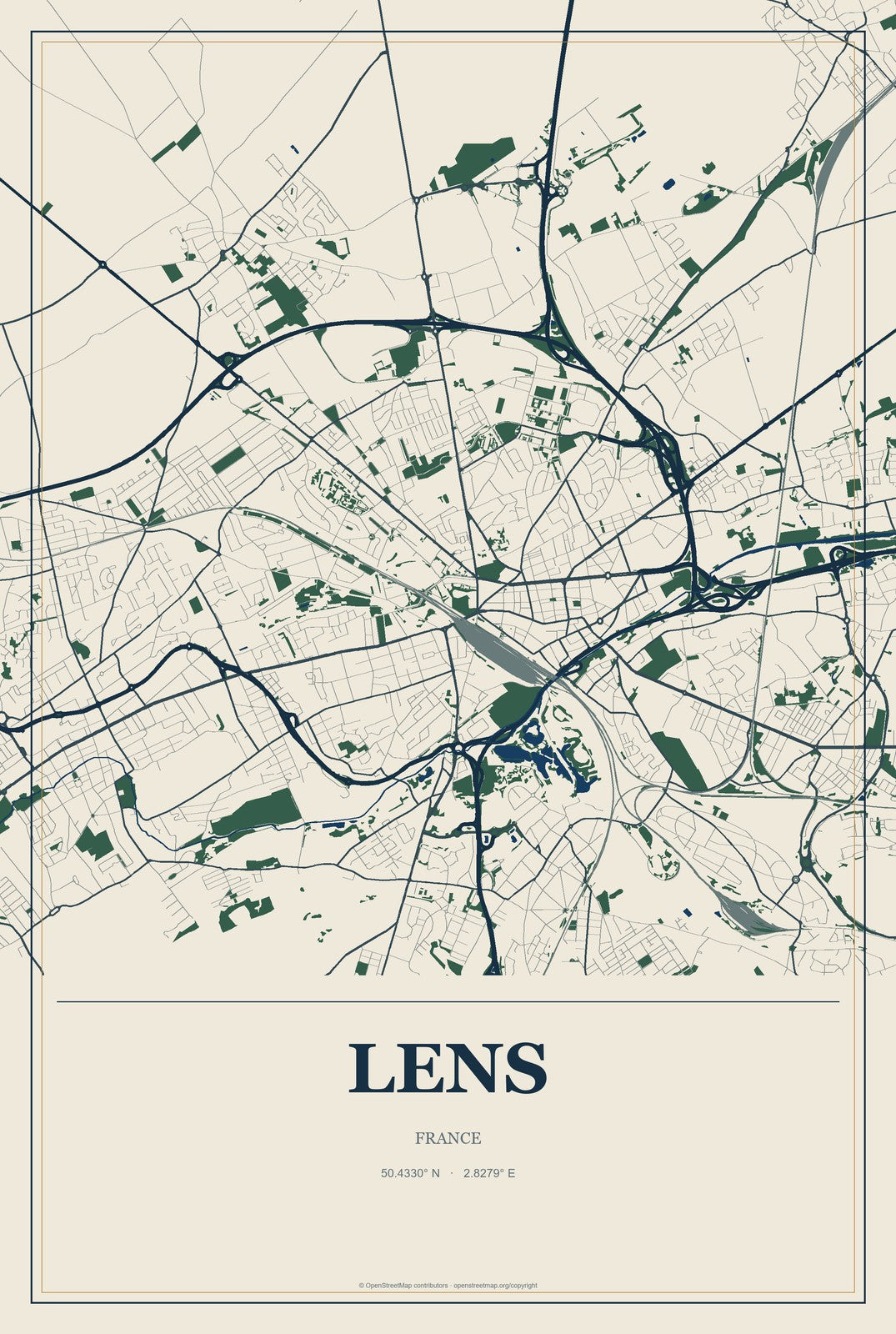 Lens, France City Map Aluminum Sign in Coastal Cutout style