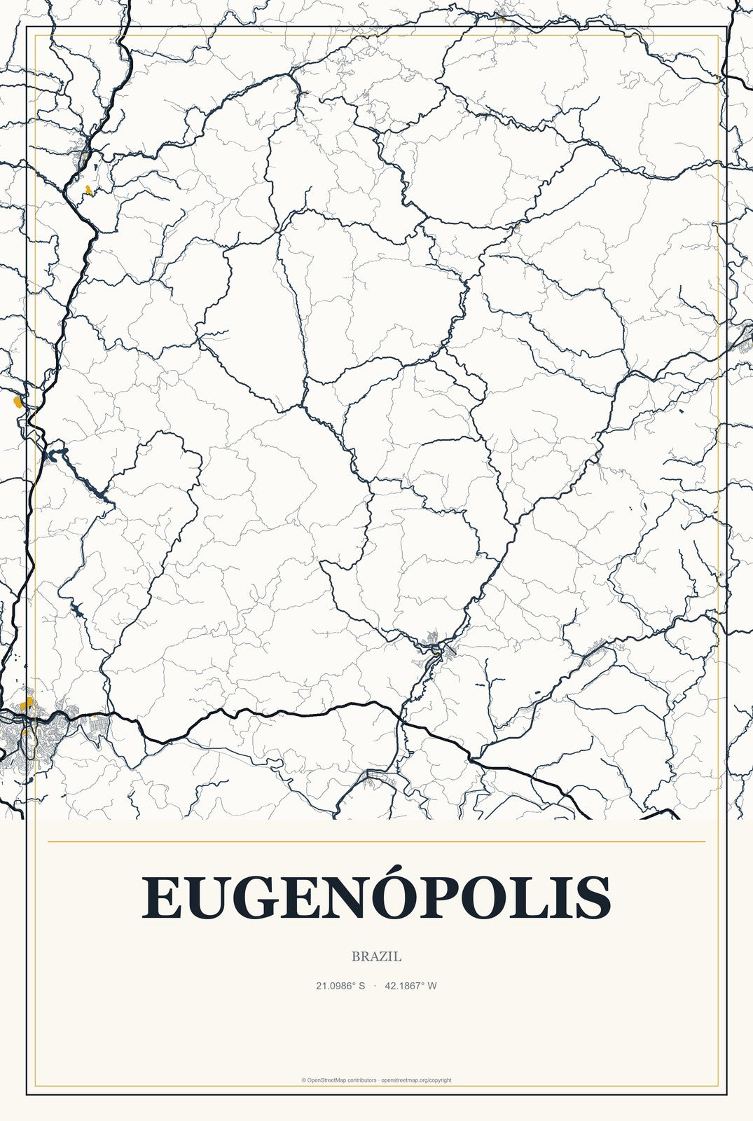 Eugenópolis, Brazil City Map Aluminum Sign in Citrine Modern style