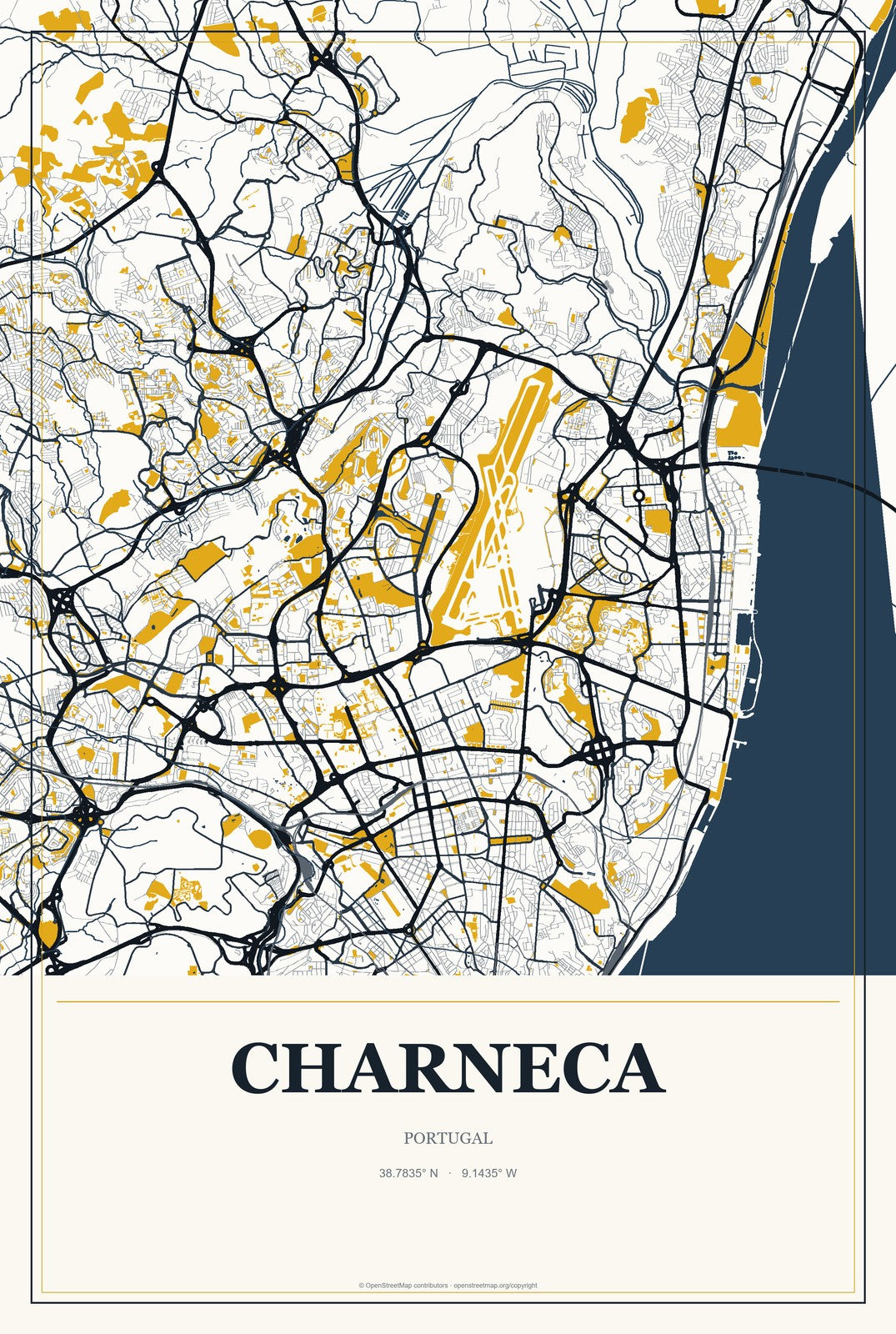 Charneca, Portugal City Map Aluminum Sign in Citrine Modern style