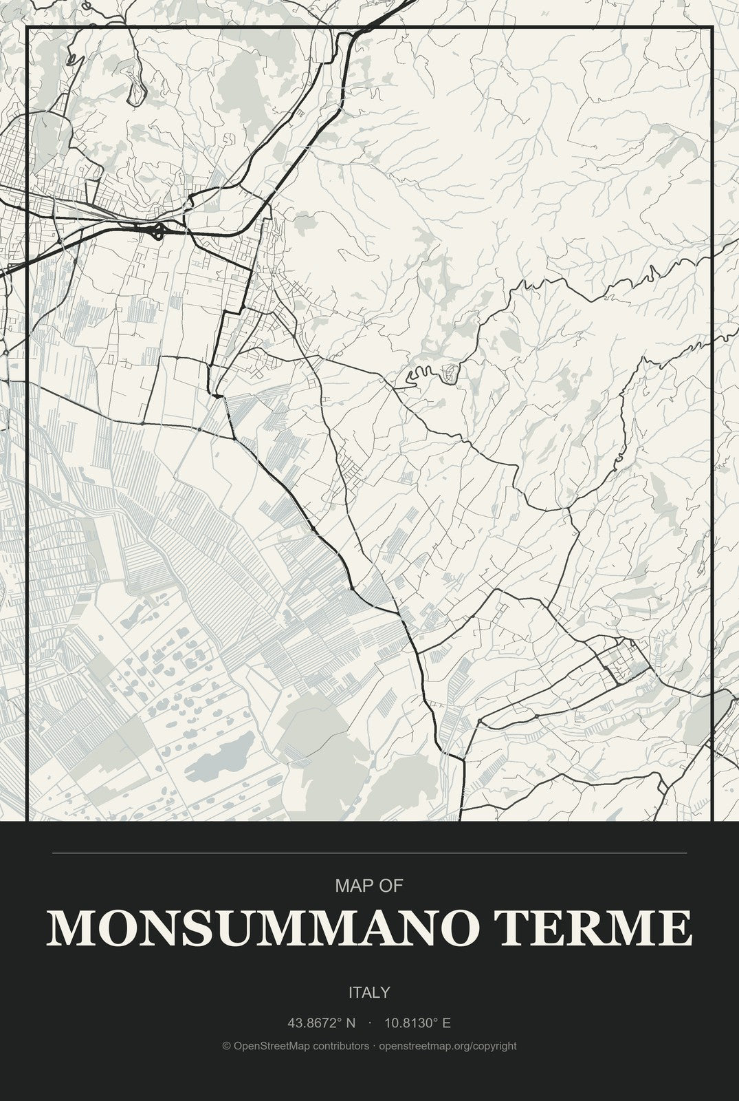 Monsummano Terme, Italy City Map Aluminum Sign in Museum Plaque style
