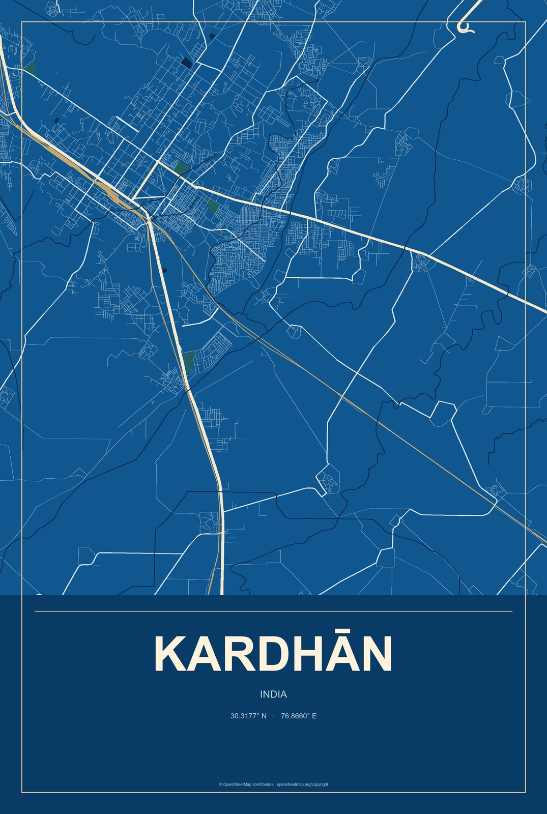 Kardhān, India City Map Aluminum Sign in Harbor Cobalt style