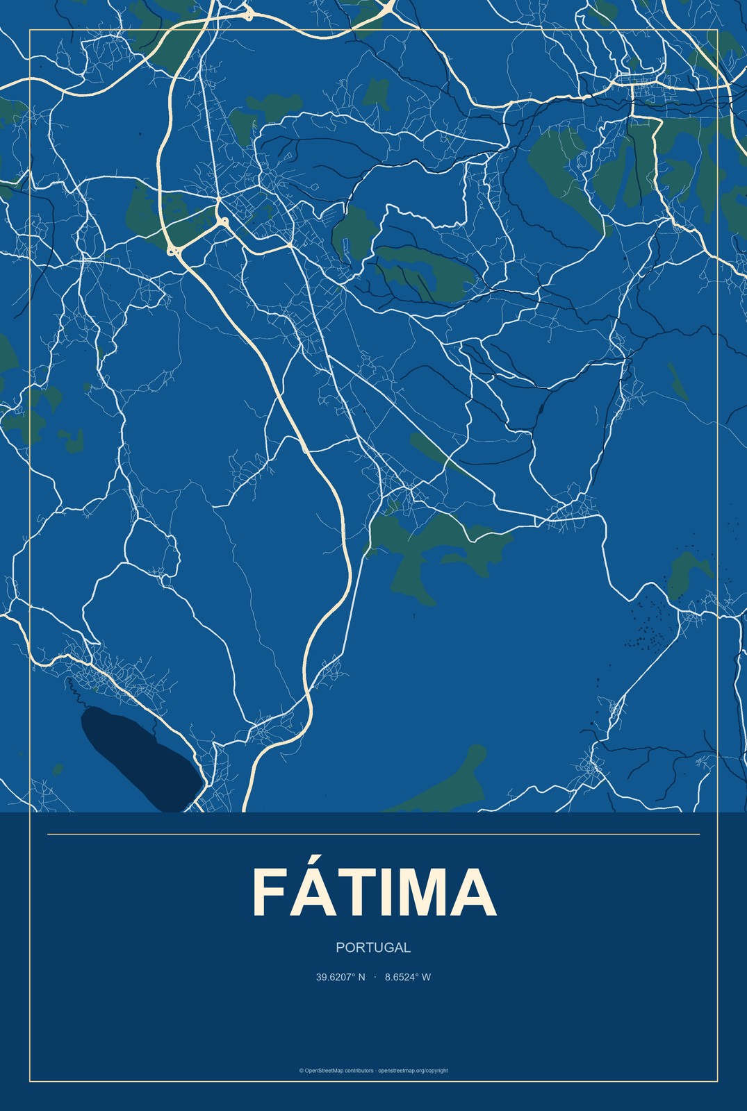 Fátima, Portugal City Map Aluminum Sign in Harbor Cobalt style