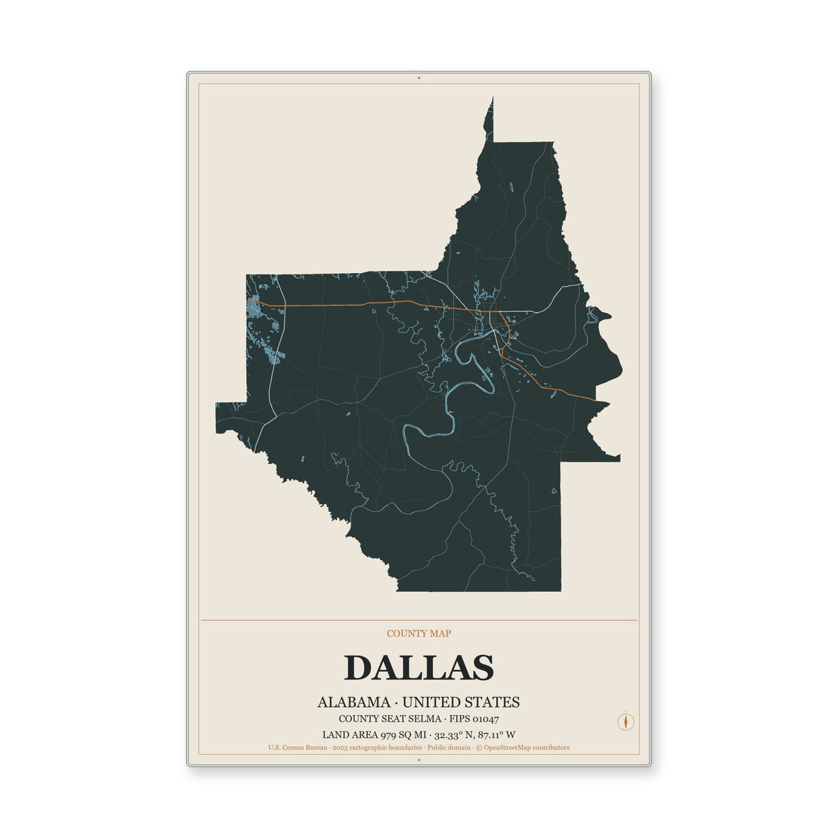 Dallas County, Alabama Map Aluminum Sign in Headline Atlas style